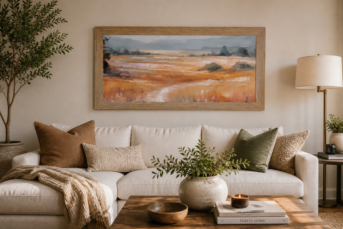 Farmtable framed wide landscape abstract terracotta wall art displayed at large scale above a linen sofa in a warm neutral farmhouse living room showing full panoramic scene with warm amber orange field dark trees and dramatic blue-grey sky