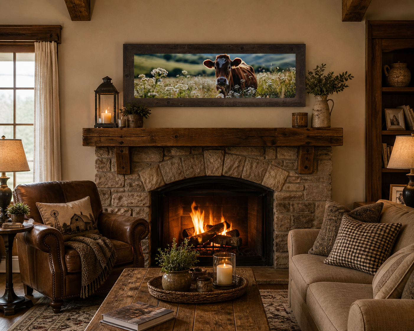 Natural Brown framed wide panoramic farmhouse wall art featuring a Jersey cow in a wildflower meadow displayed above a stone fireplace mantle in a cozy farmhouse living room with leather chairs and roaring fire