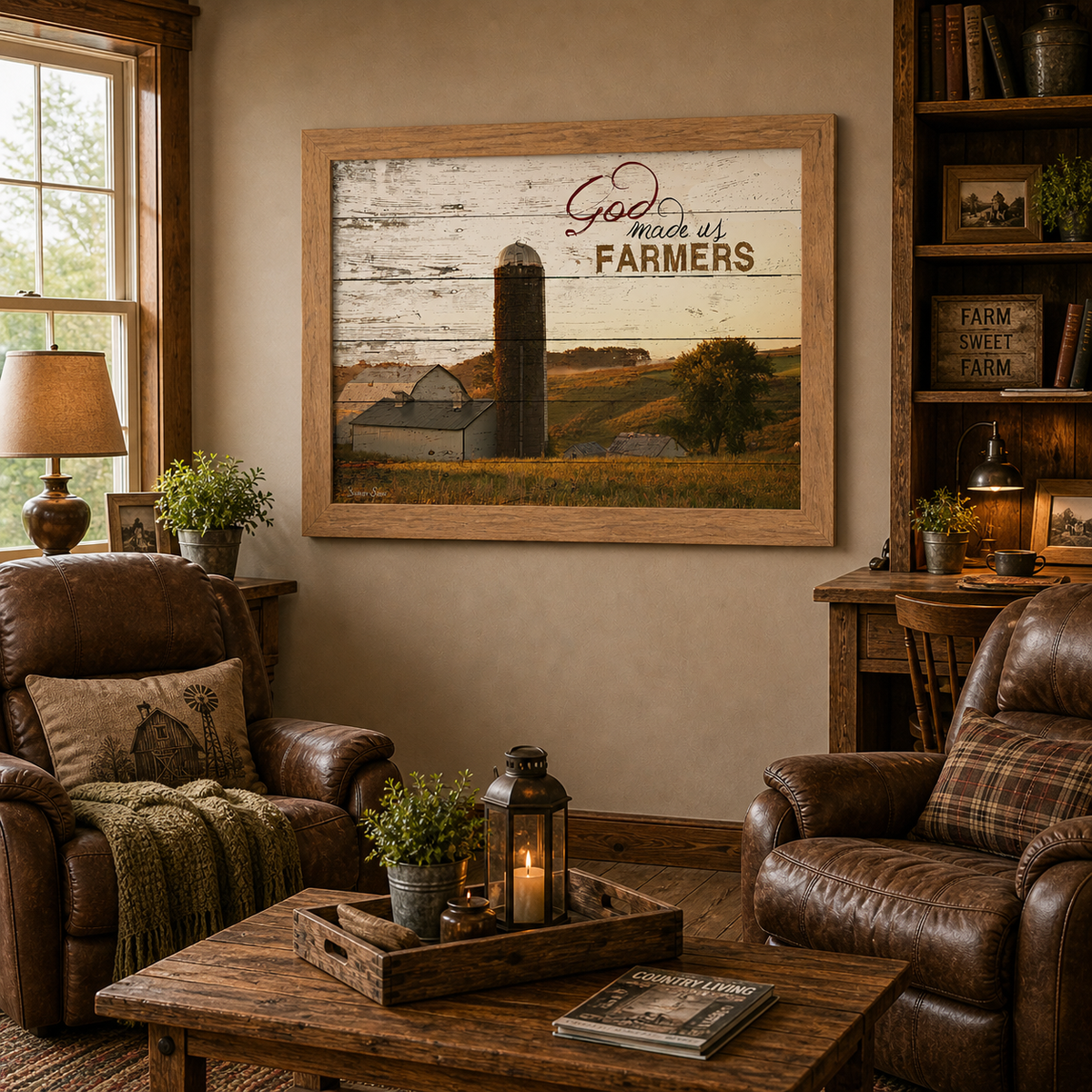 Farmtable framed horizontal farmhouse landscape wall art featuring God Made Us Farmers with white barn and silo on rolling hills with pallet wood background displayed as a large statement piece in a cozy farmhouse living room with leather recliners Farm Sweet Farm bookshelf and Country Living magazine