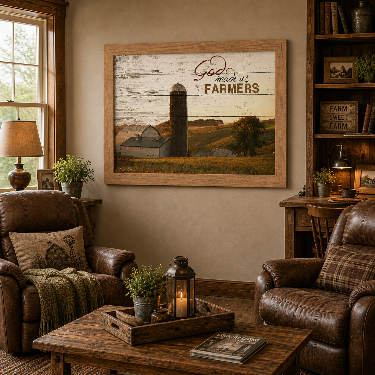 Farmtable framed horizontal farmhouse landscape wall art featuring God Made Us Farmers with white barn and silo on rolling hills with pallet wood background displayed as a large statement piece in a cozy farmhouse living room with leather recliners Farm Sweet Farm bookshelf and Country Living magazine