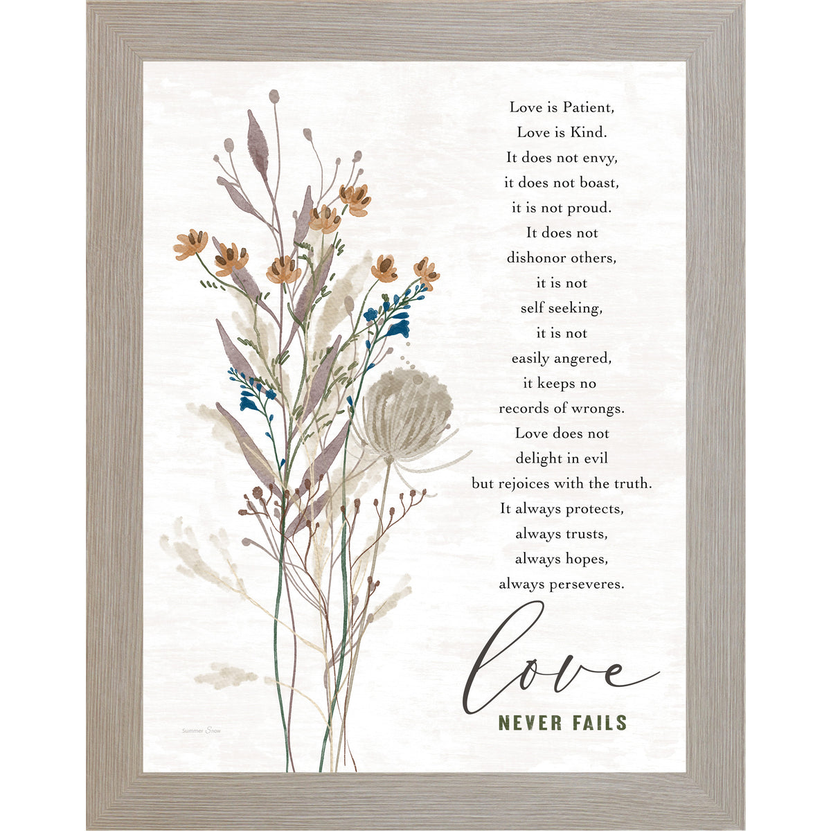 Christian framed wall art featuring Love Is Patient scripture from 1 Corinthians 13 with soft floral design on a neutral background, vertical inspirational decor