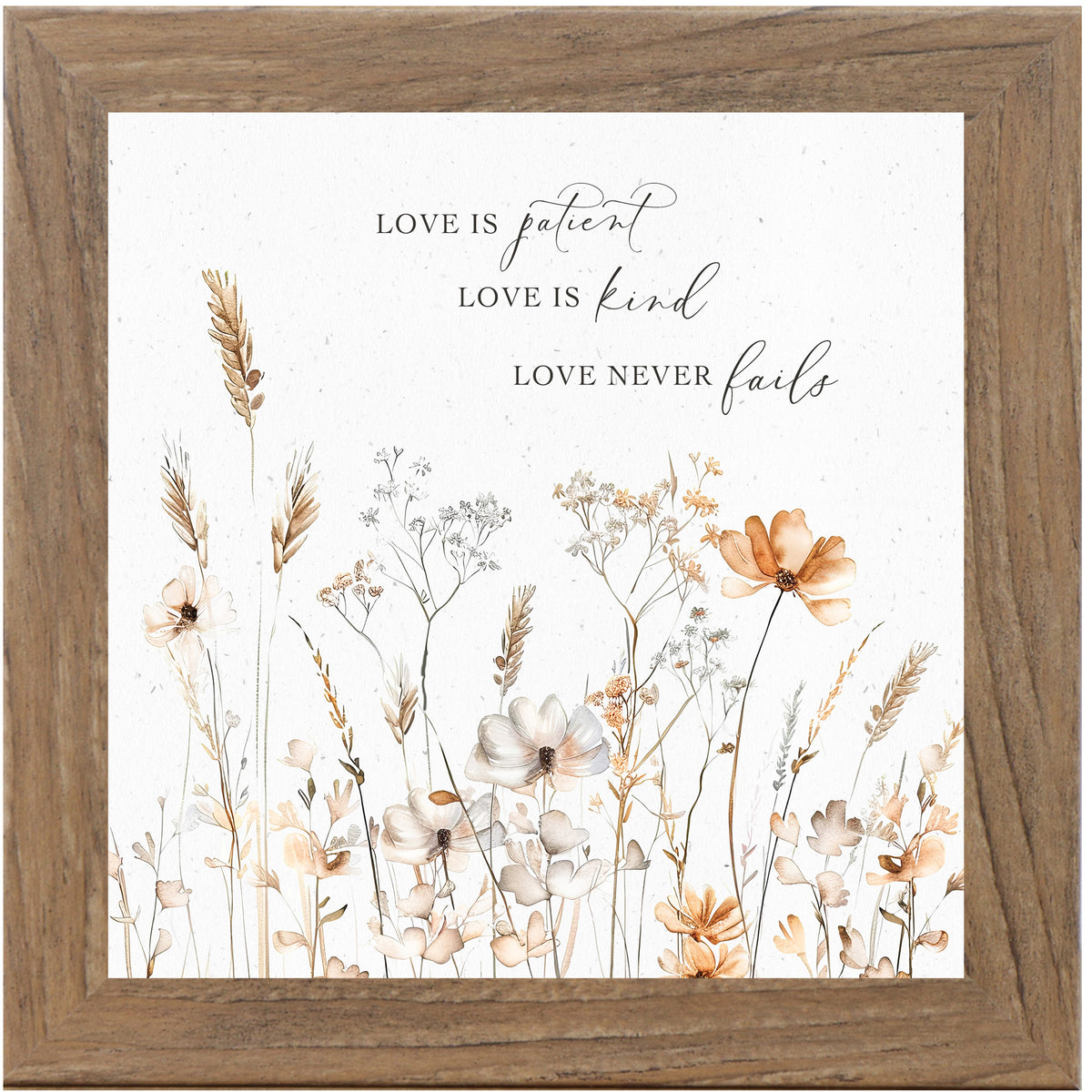Farmtable framed square pastel floral wall art on white background with petite watercolor peach and white flowers and the quote "Love is Patient Love is Kind Love Never Fails"