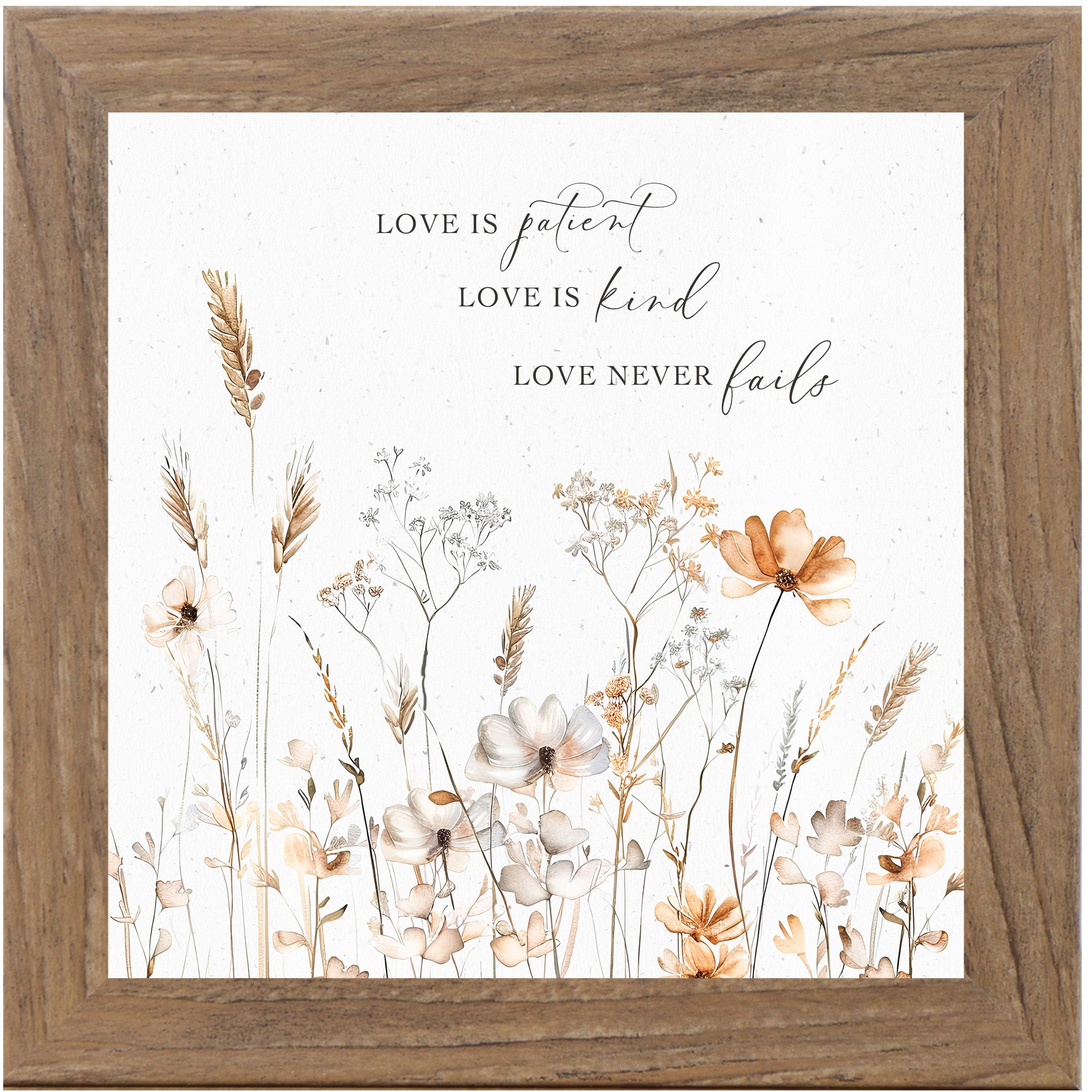 Farmtable framed square pastel floral wall art on white background with petite watercolor peach and white flowers and the quote "Love is Patient Love is Kind Love Never Fails"