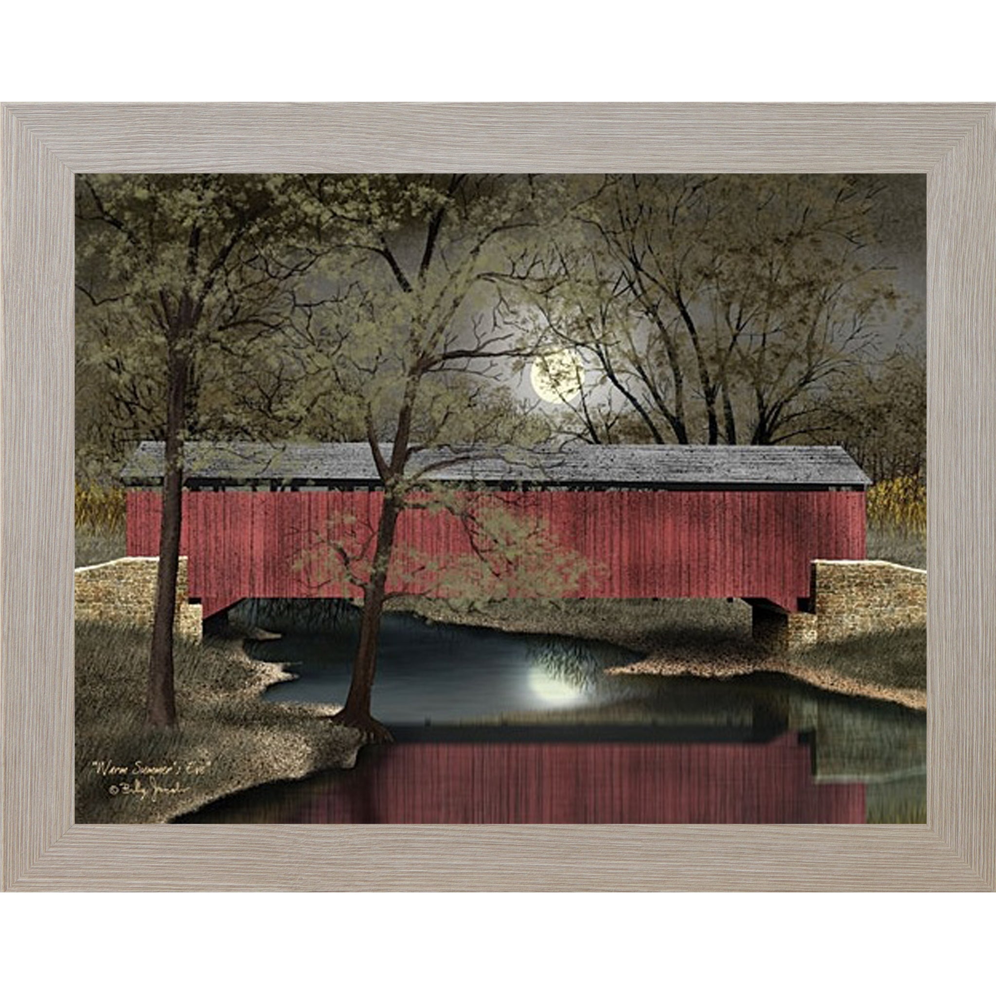 Covered bridge framed wall art by Billy Jacobs featuring a red bridge over a river at dusk surrounded by lush green summer landscape
