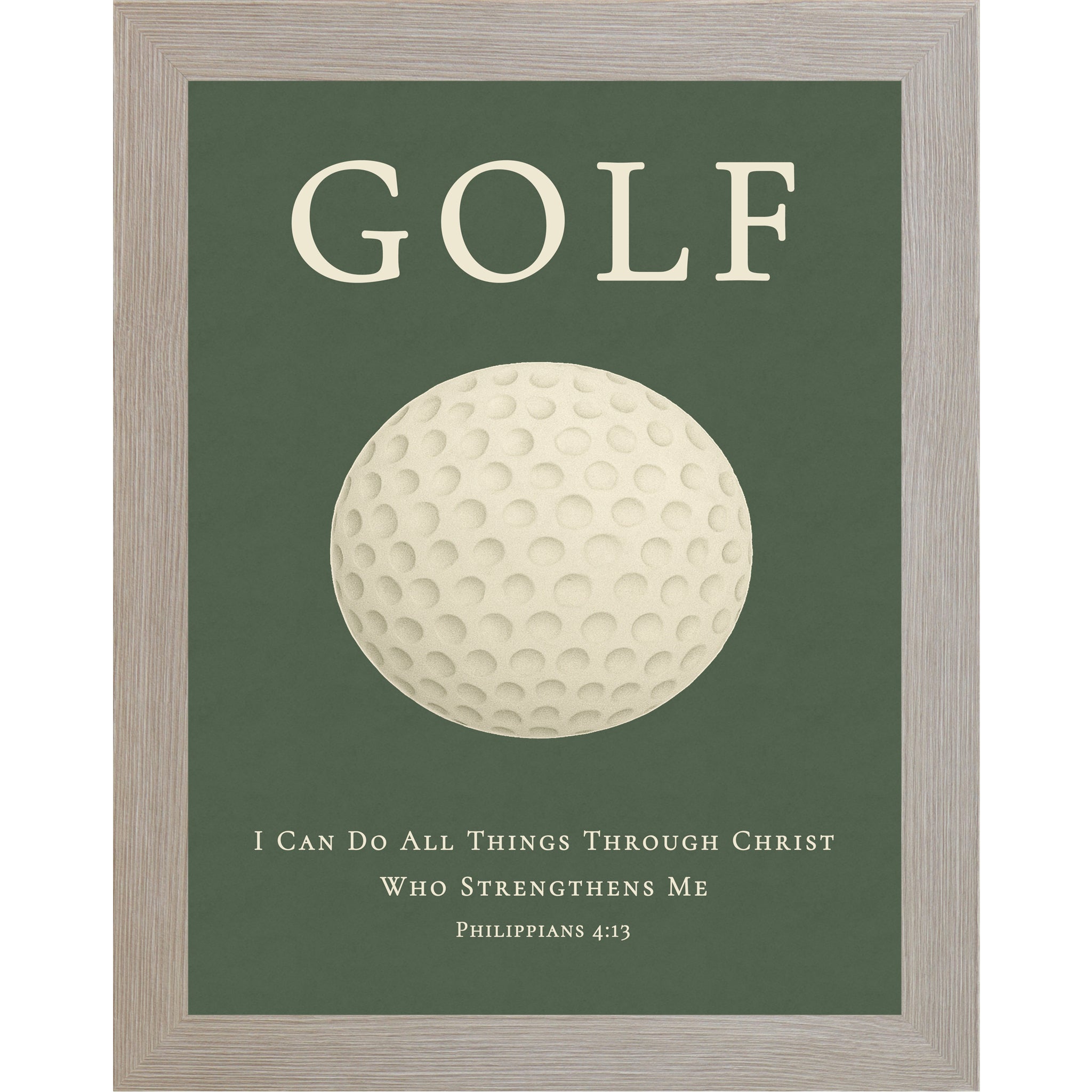 Monte Carlo color framed Christian golf wall art featuring a golf ball with the Bible verse Philippians 4:13 on a green background.