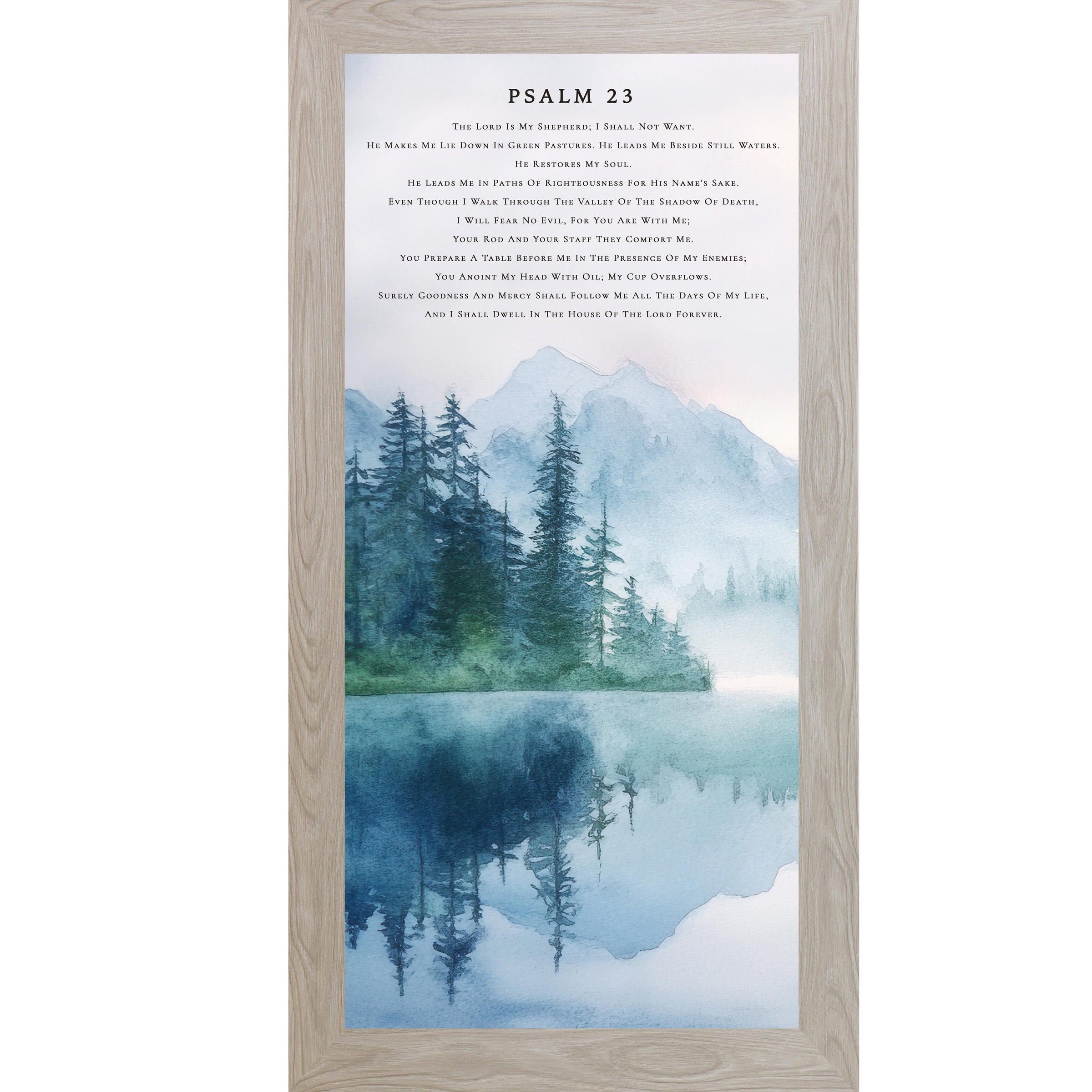 Monte Carlo Color Framed Psalm 23 wall art featuring a watercolor landscape of evergreen trees beside a mountain lake with blue reflections in the water. The scripture text appears above the misty mountain scene in a calm neutral design.