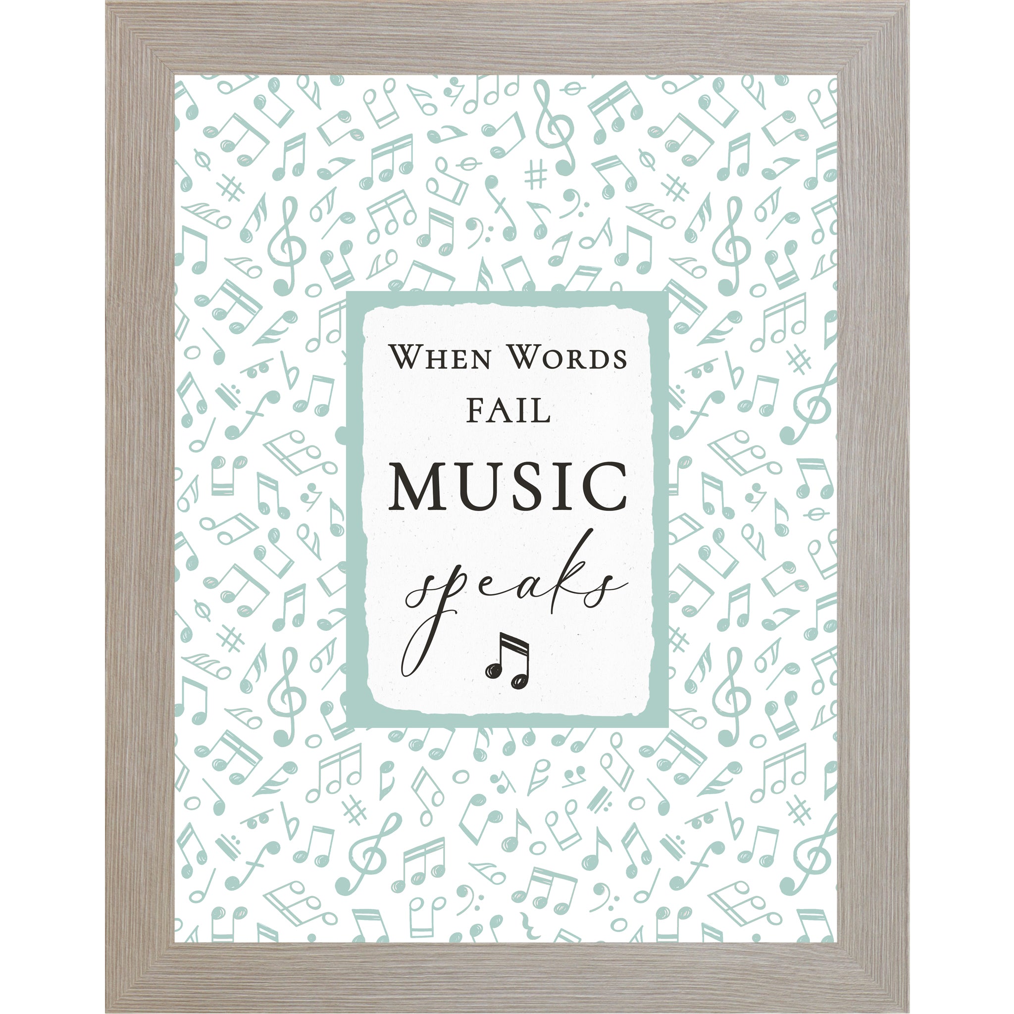 Monte Carlo frame color When Words Fail Music Speaks framed wall art with green and blue musical notes on a white background, inspirational music quote decor for music classrooms and studios.