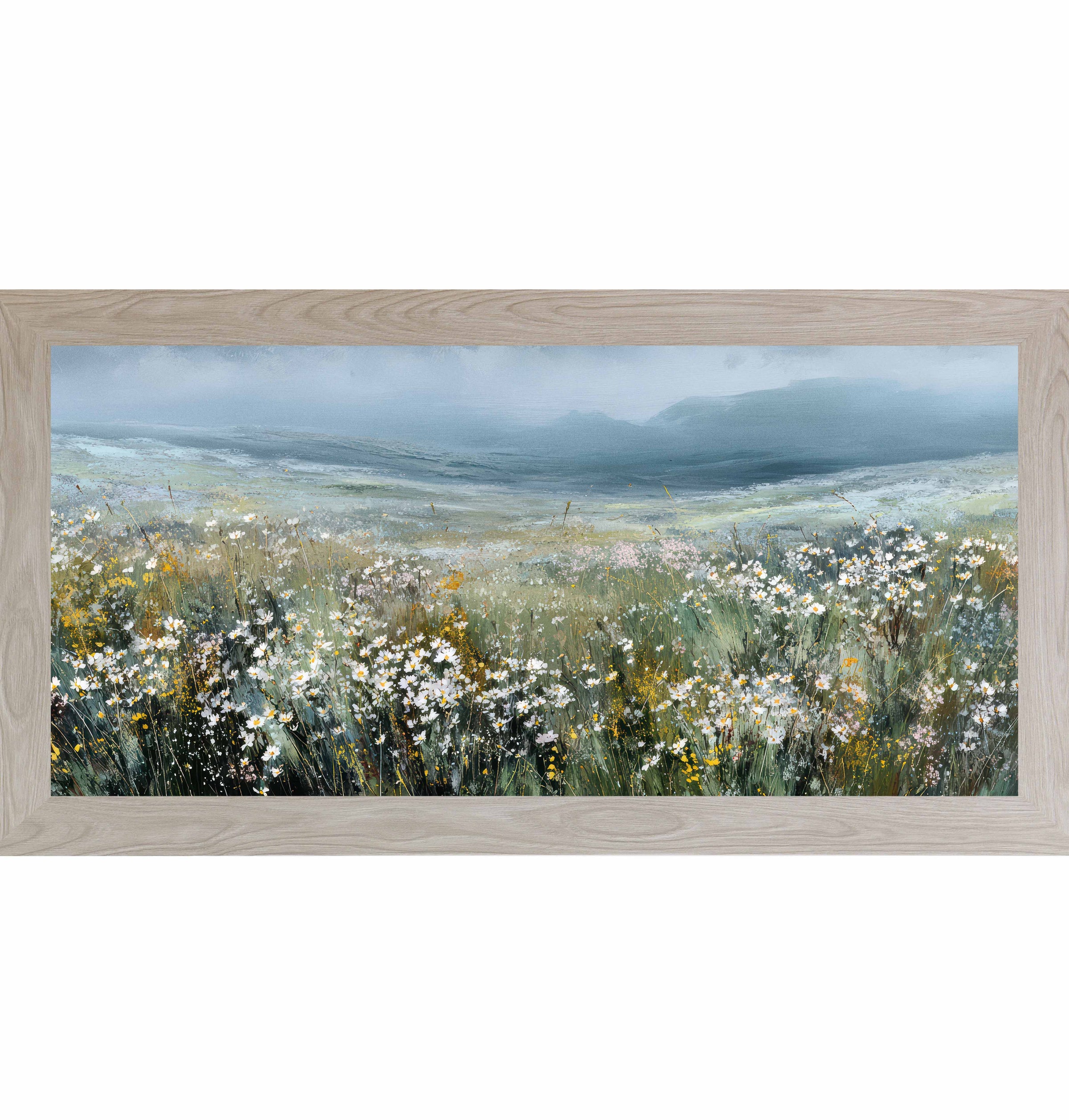 Monte Carlo Frame Color Watercolor wildflower meadow landscape framed wall art featuring rolling green hills and white blossoms beneath a soft blue sky in a wide horizontal format.