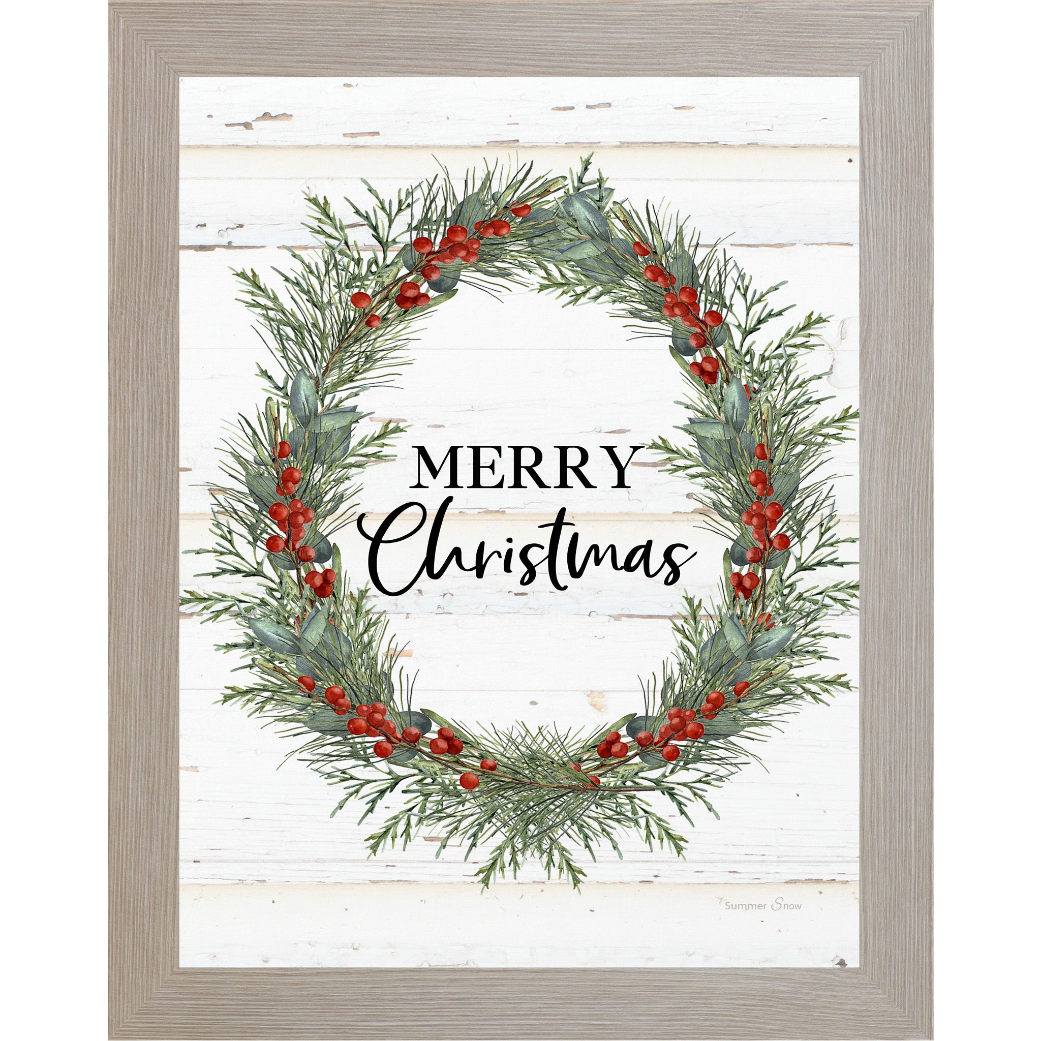 Merry Christmas Wreath Framed Wall Art – Vertical Christmas Decor with Green & Red Wreath | SS93
