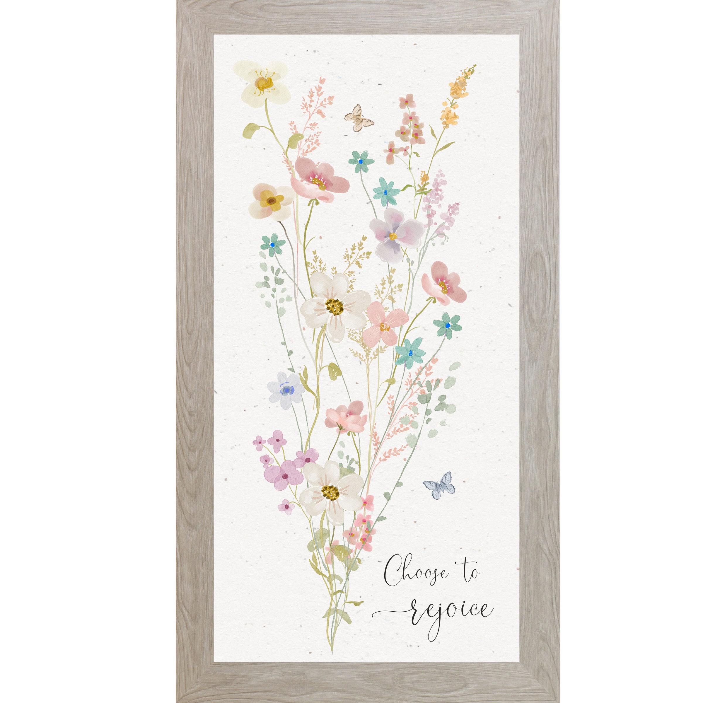 Vertical pastel floral wall art with butterflies and the words “Choose to Rejoice” on a soft neutral background