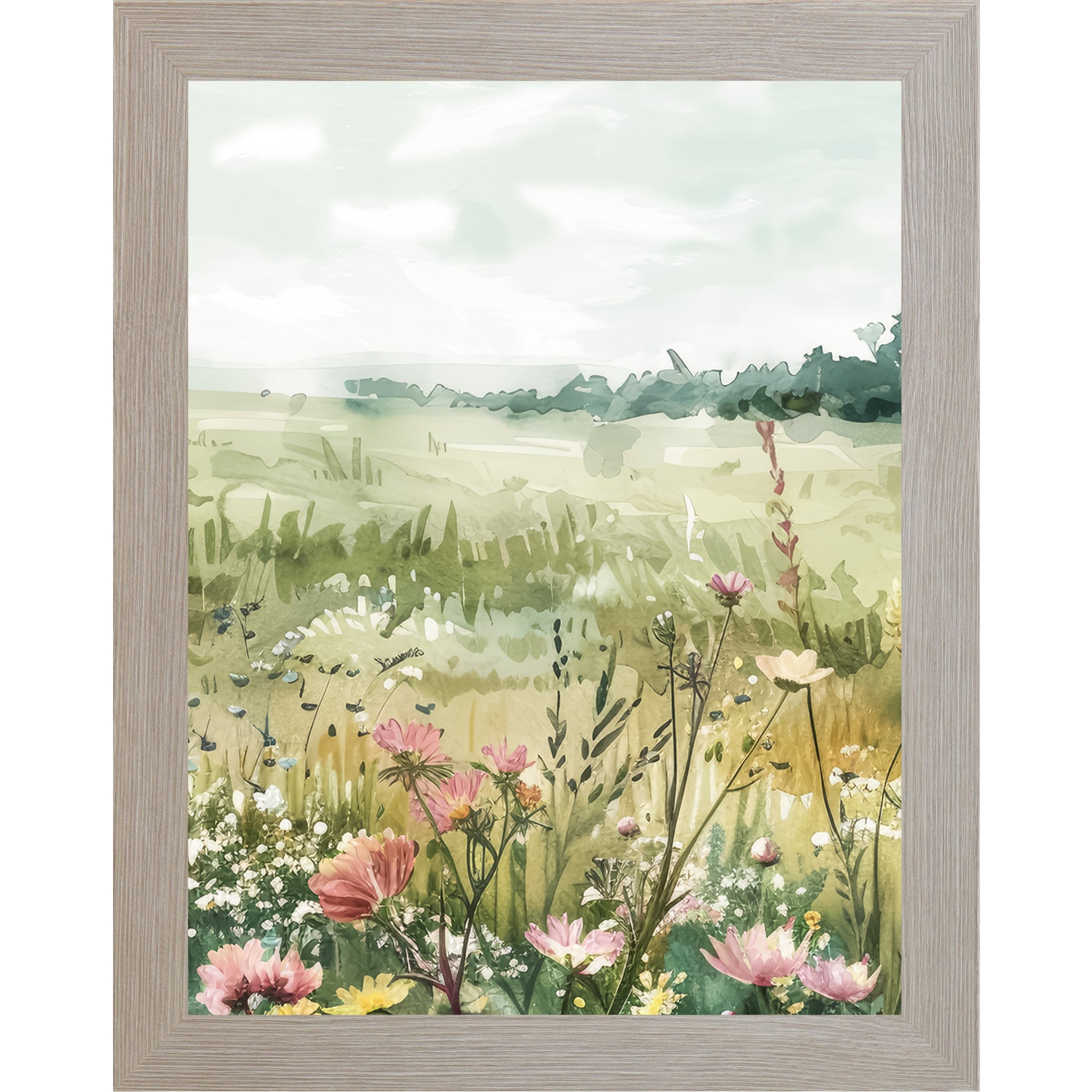 Wildflower Meadow Framed Wall Art – Soft Watercolor Floral Landscape Decor (SB140) - Summer Snow Art
