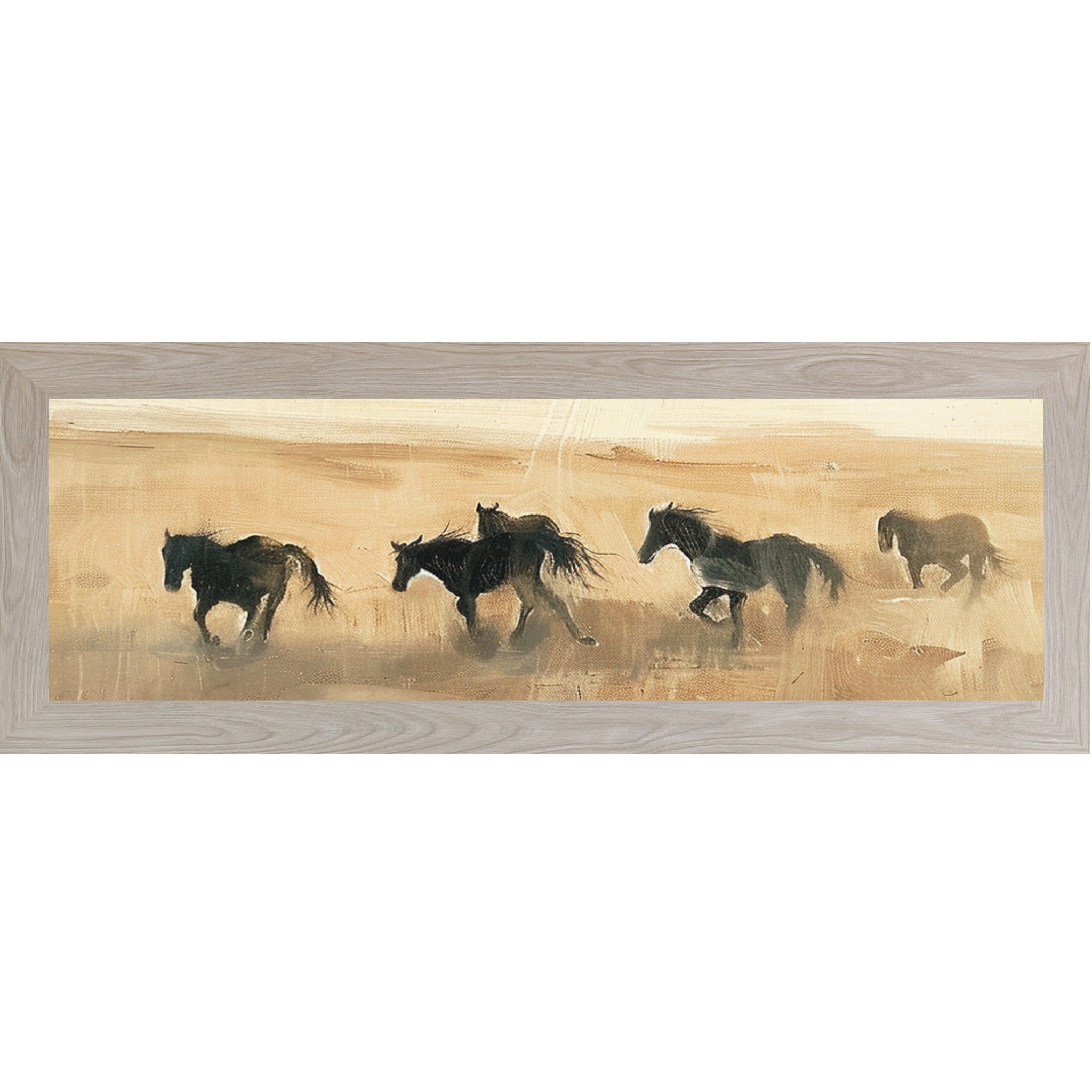 Wild Horses Running at Sunset – Wide Framed Horse Wall Art, Neutral Western Decor (ZS101) - Summer Snow Art