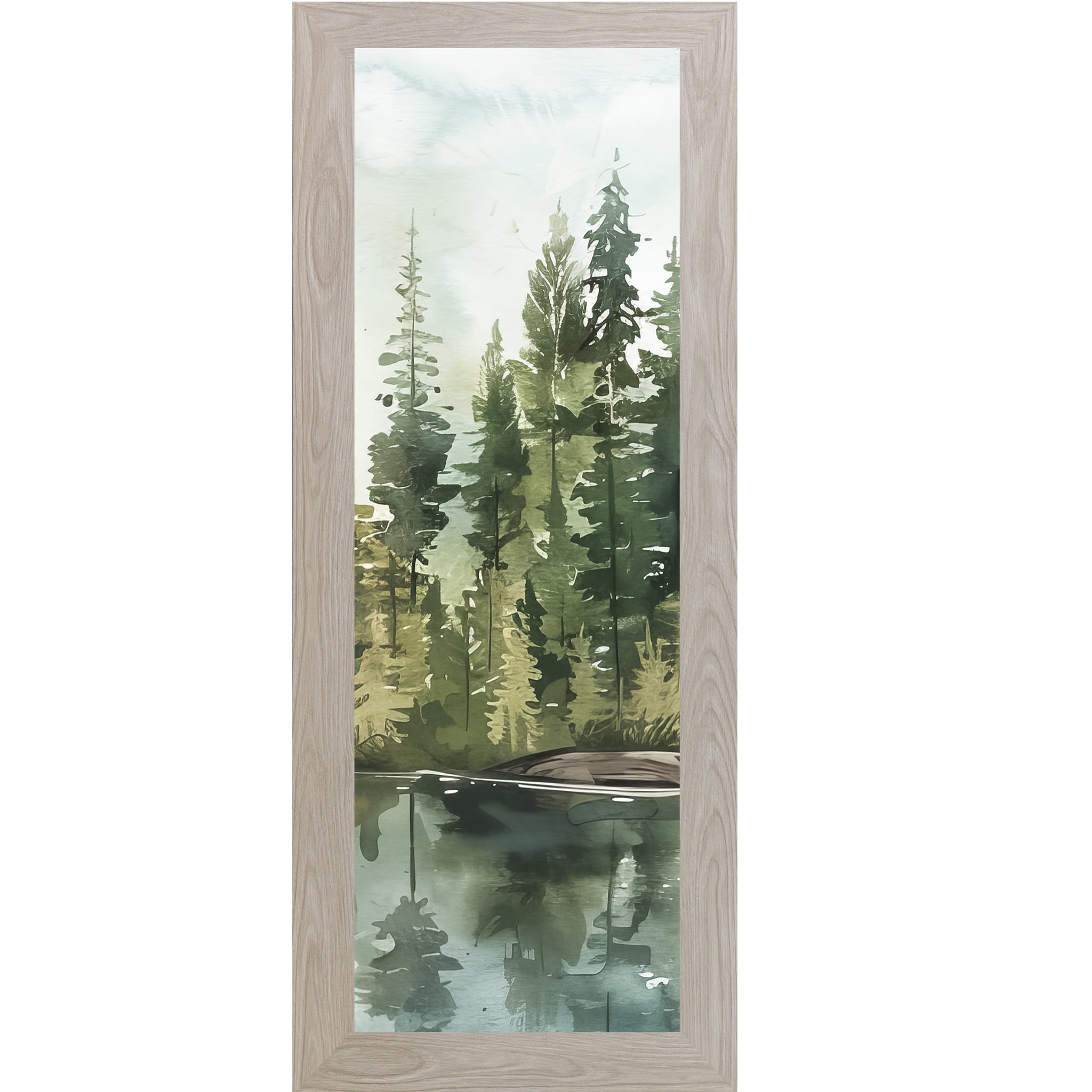 Misty Pine Lake Watercolor Wall Art – Vertical Forest Reflection Framed Art (SB901) - Summer Snow Art