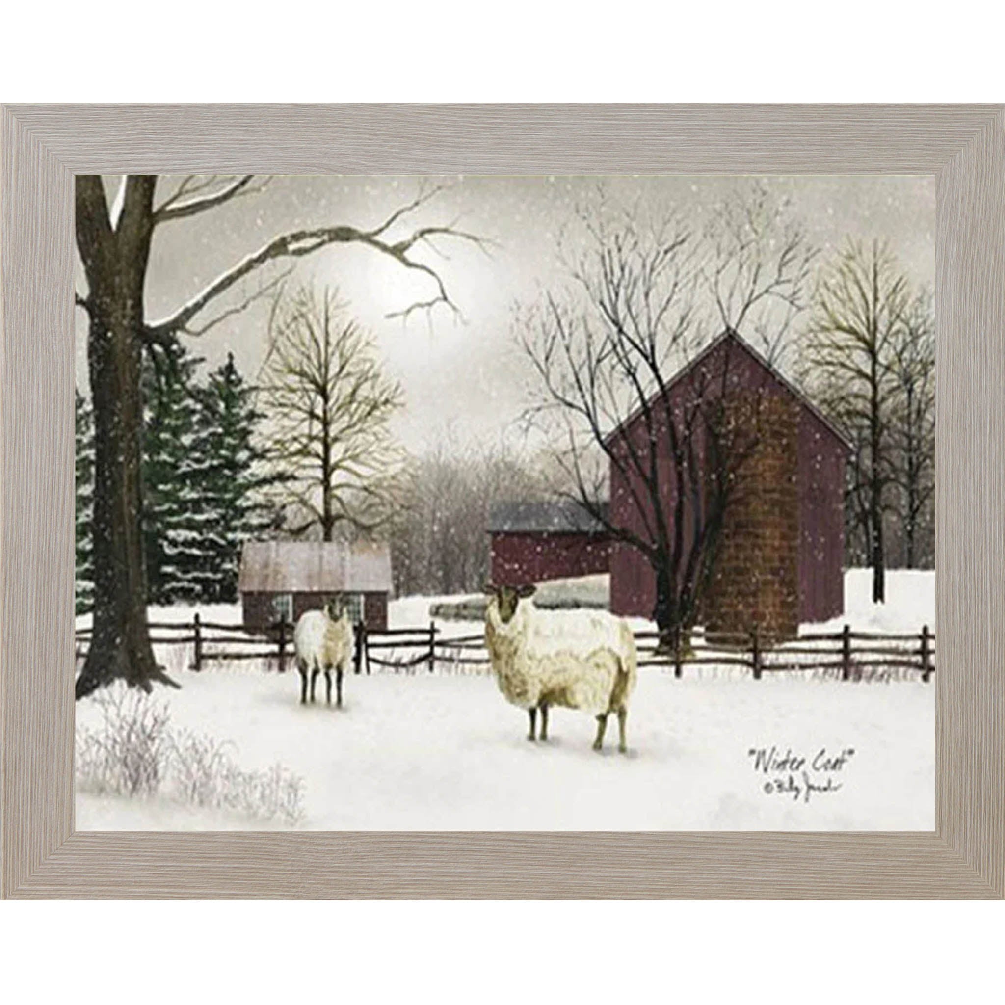 Winter Coat by Artist Billy Jacobs – Winter Farm Barn Framed Wall Art with Sheep (BJ185) - Summer Snow Art