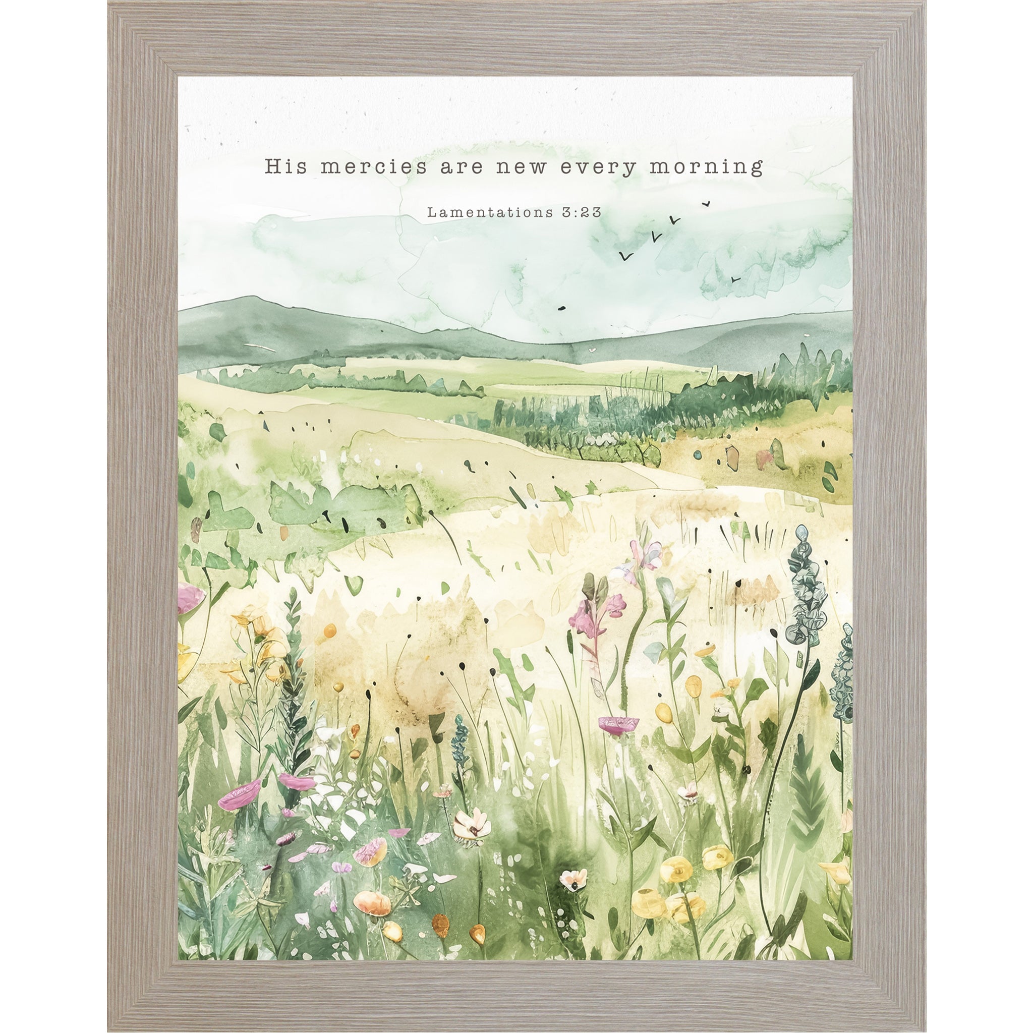 His Mercies Are New Every Morning Framed Wall Art – Lamentations 323 Watercolor Meadow (SB142)