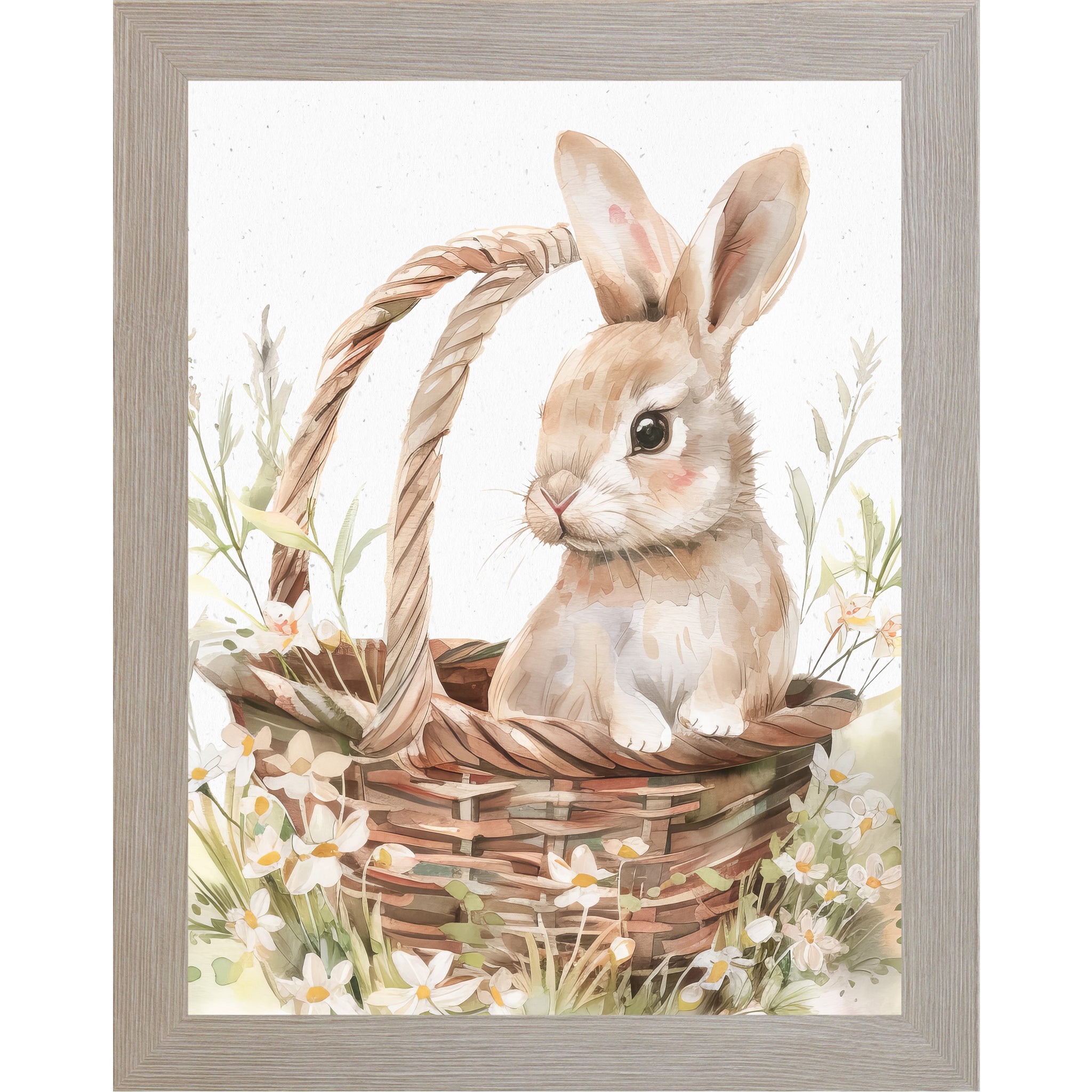 Spring Bunny in Basket Wall Art – Watercolor Rabbit with Floral Accents, Neutral Easter & Nursery Decor (SB154) - Summer Snow Art