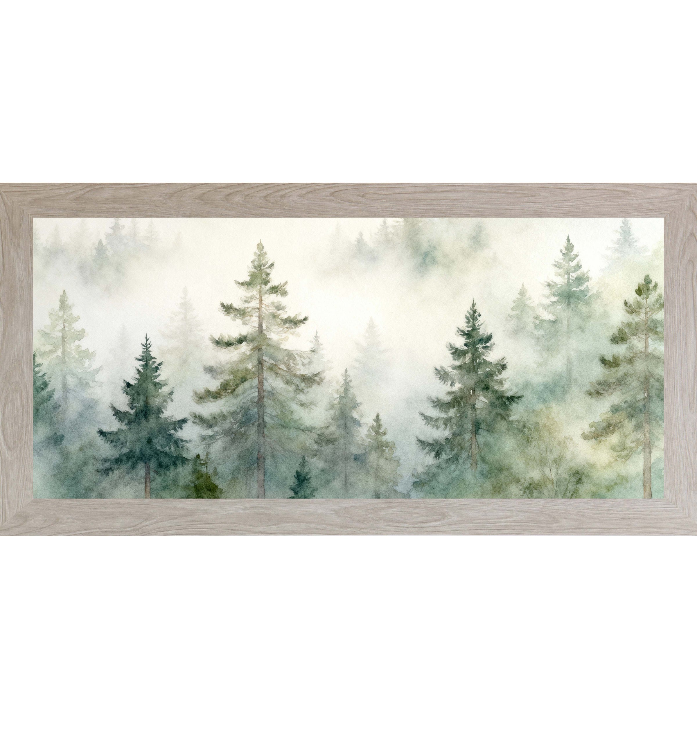 Misty Evergreen Forest – Wide Watercolor Pine Tree Framed Wall Art | Calm Nature Decor (SB725)