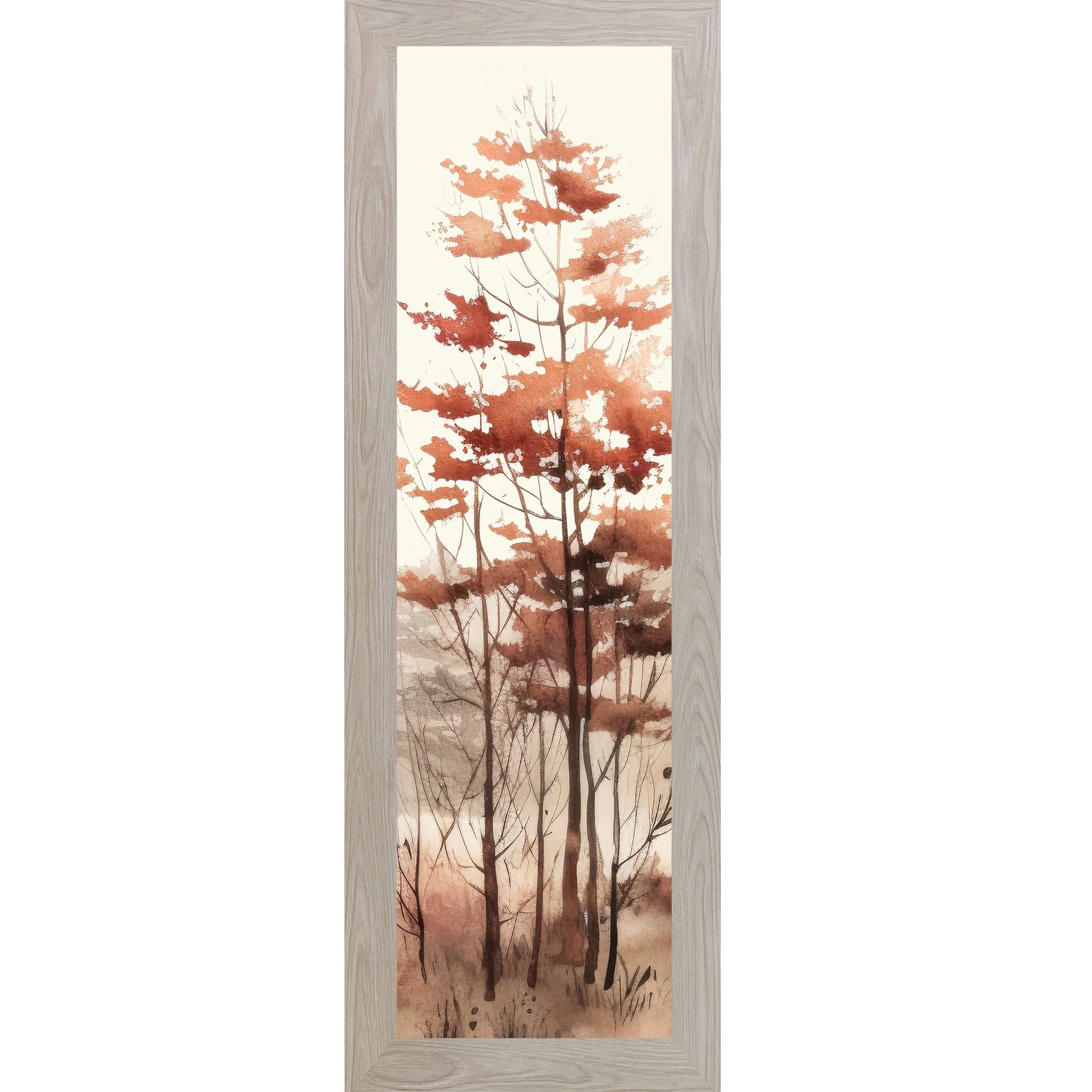Monte Carlo framed narrow portrait fall wall art featuring a cluster of tall autumn trees with russet and burnt orange foliage and bare branches in layered misty watercolor style