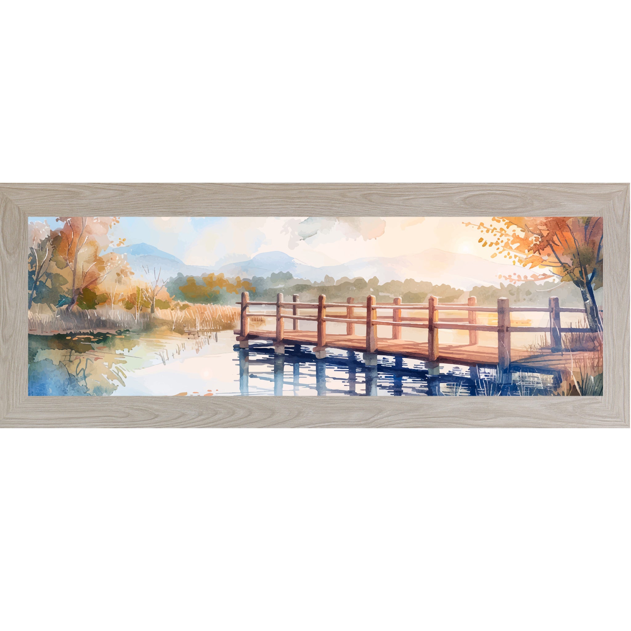 Monte Carlo framed wide panoramic scenic wall art featuring a watercolor autumn bridge over still lake water with golden sunburst amber autumn trees and misty mountains