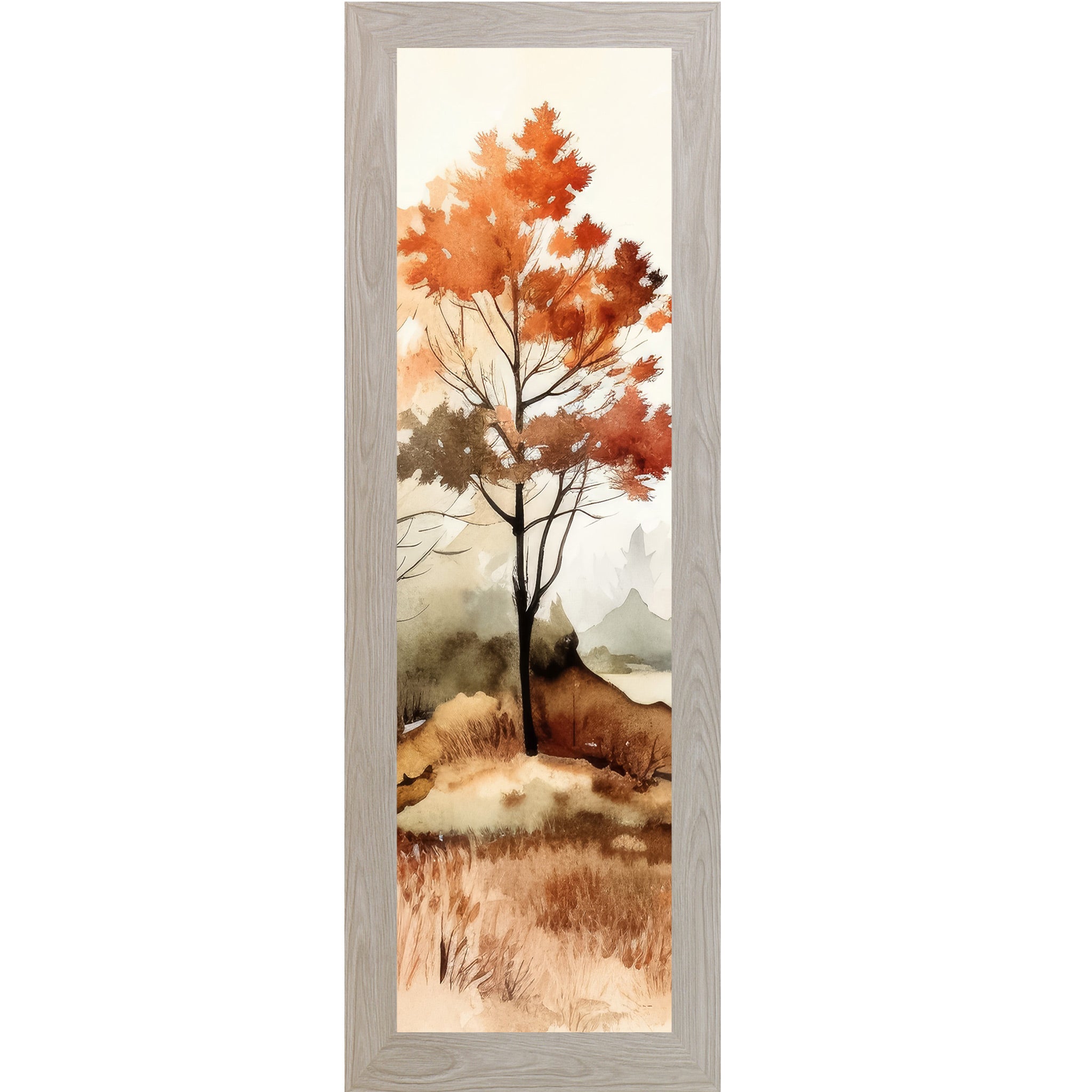 Monte Carlo framed narrow portrait fall wall art featuring a single autumn tree in loose watercolor style with burnt orange canopy misty mountains and golden grasses