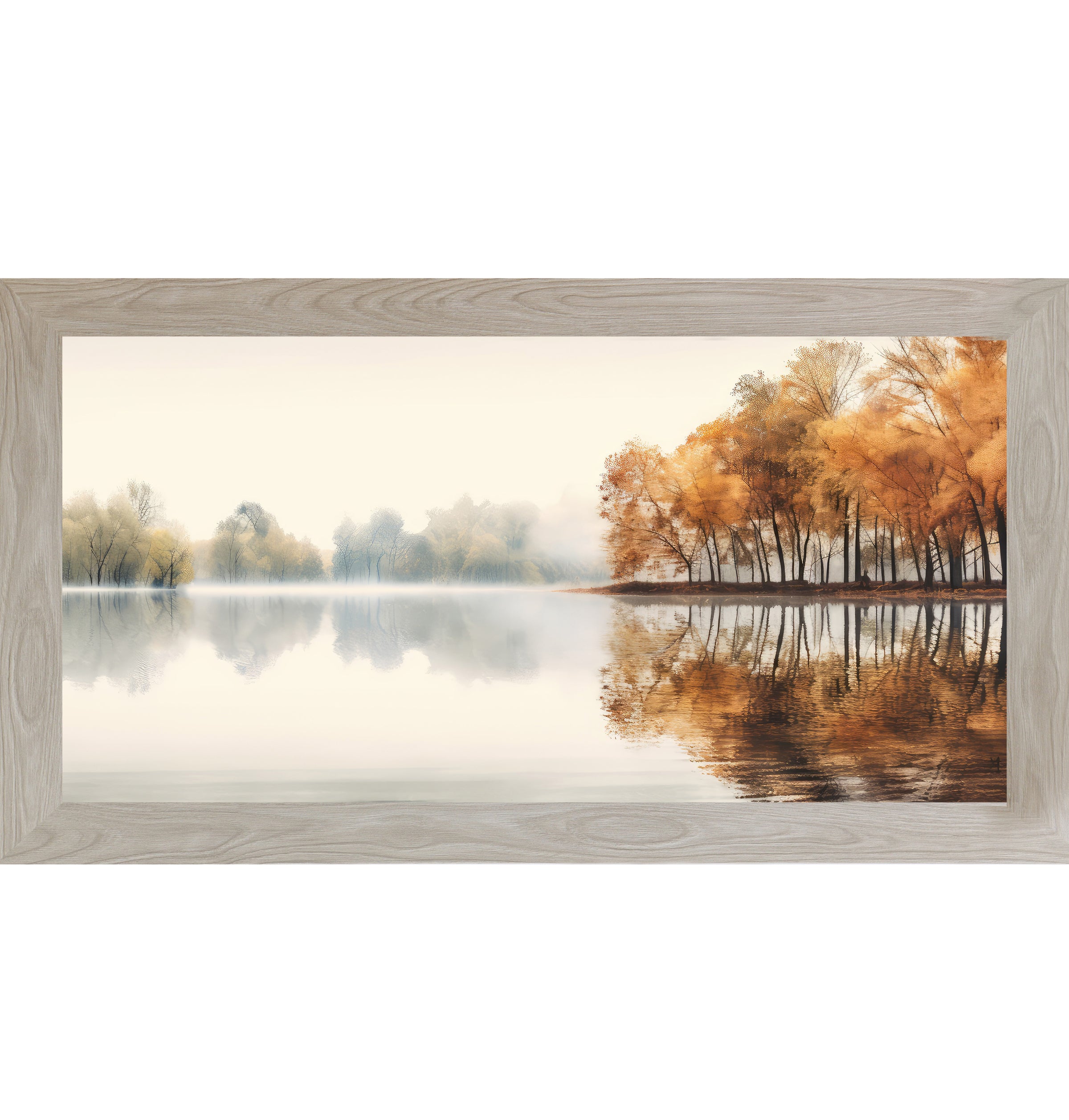 Monte Carlo framed wide landscape fall wall art featuring a misty autumn lake with amber and copper trees reflecting perfectly in still glassy water — Autumn's Mirror NS620
