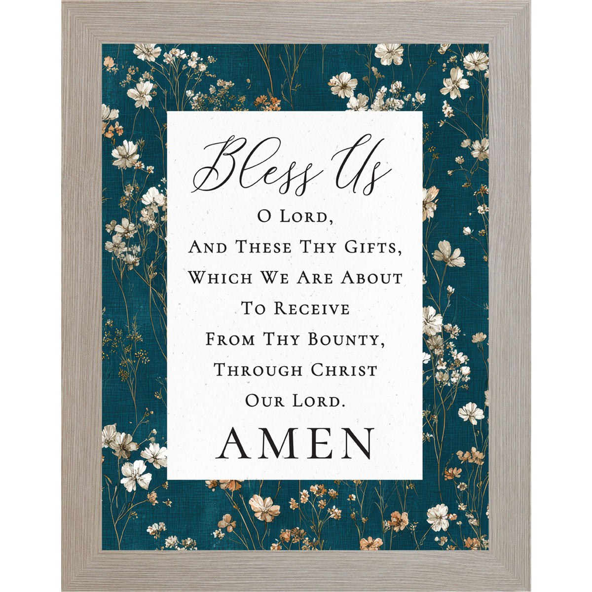 Monte Carlo framed portrait Catholic prayer wall art with teal floral botanical border and white center panel with Bless Us O Lord mealtime prayer text in elegant script