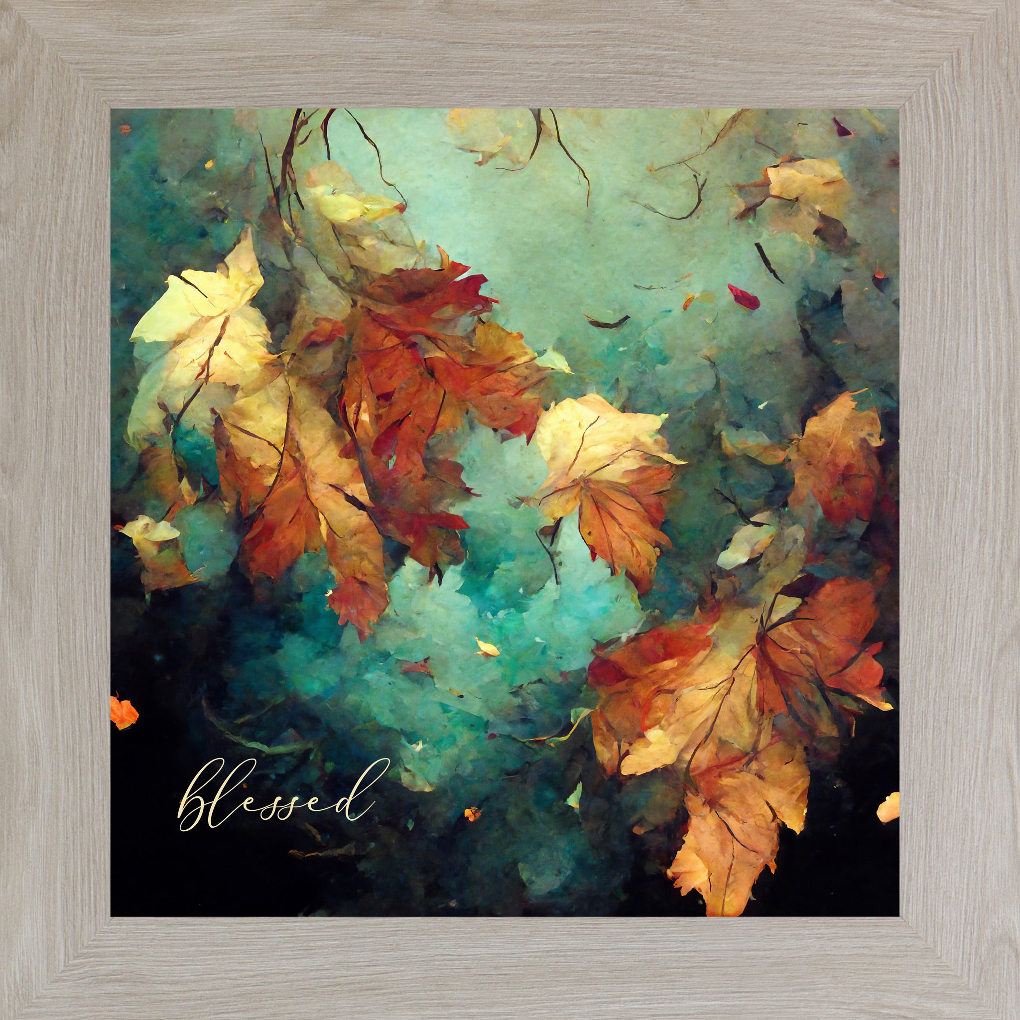 Monte Carlo framed square fall wall art featuring teal watercolor autumn maple leaves in amber and burnt orange with the word "blessed" in gold script — Blessed SB305