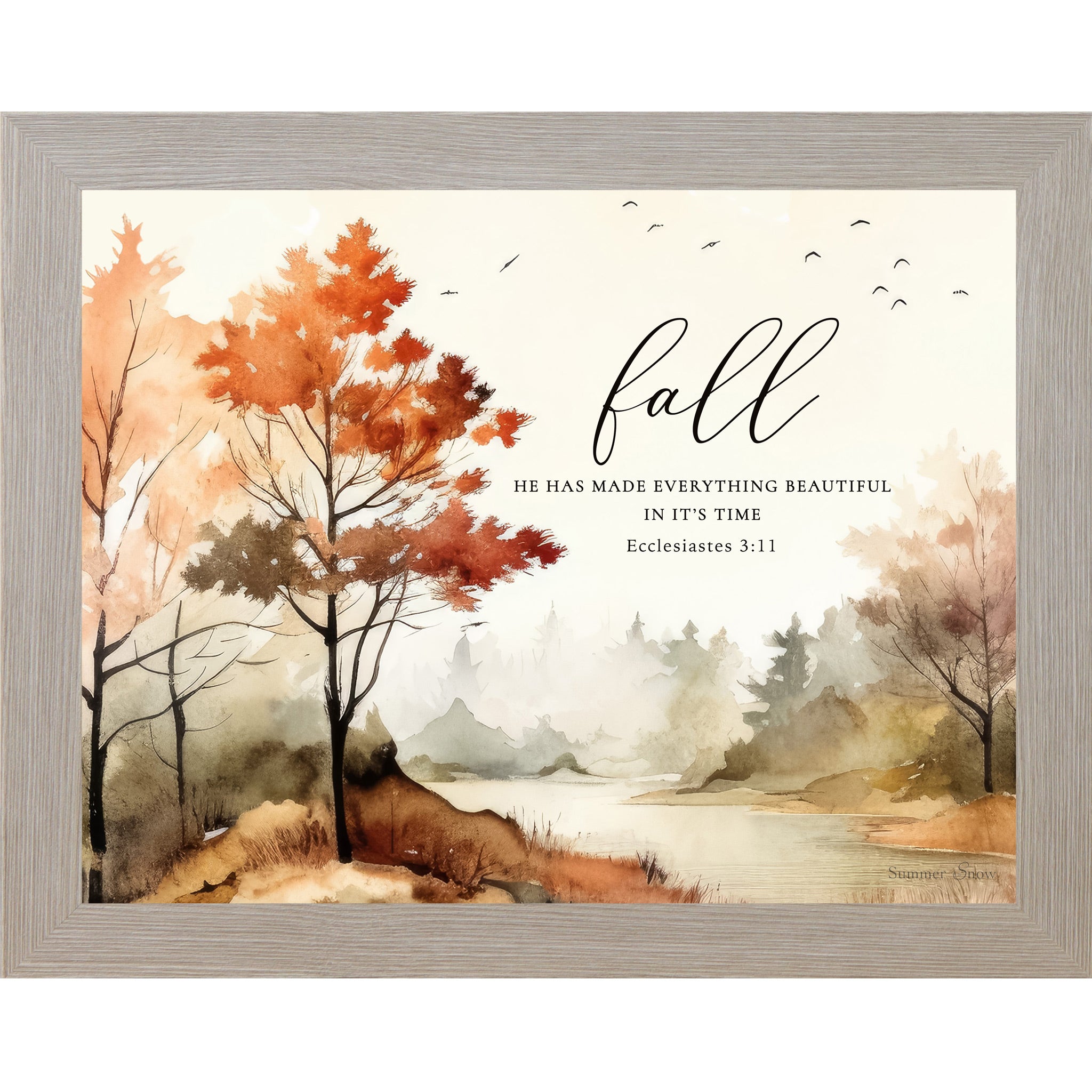Monte Carlo framed landscape fall scripture wall art featuring watercolor autumn trees and misty river valley with the words "fall He Has Made Everything Beautiful In Its Time Ecclesiastes 3:11" — SB249