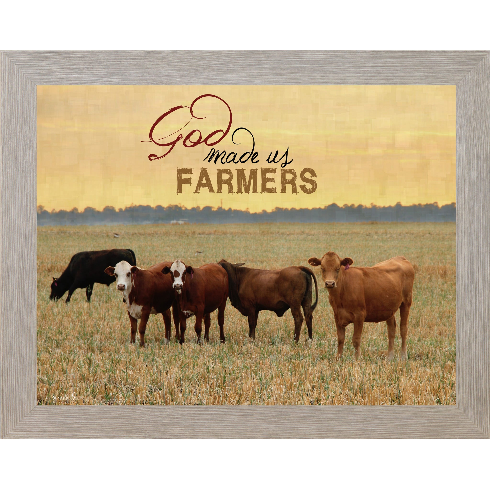 Monte Carlo framed horizontal farmhouse landscape wall art with cattle grazing in a golden field at sunset with the words "God Made Us Farmers"