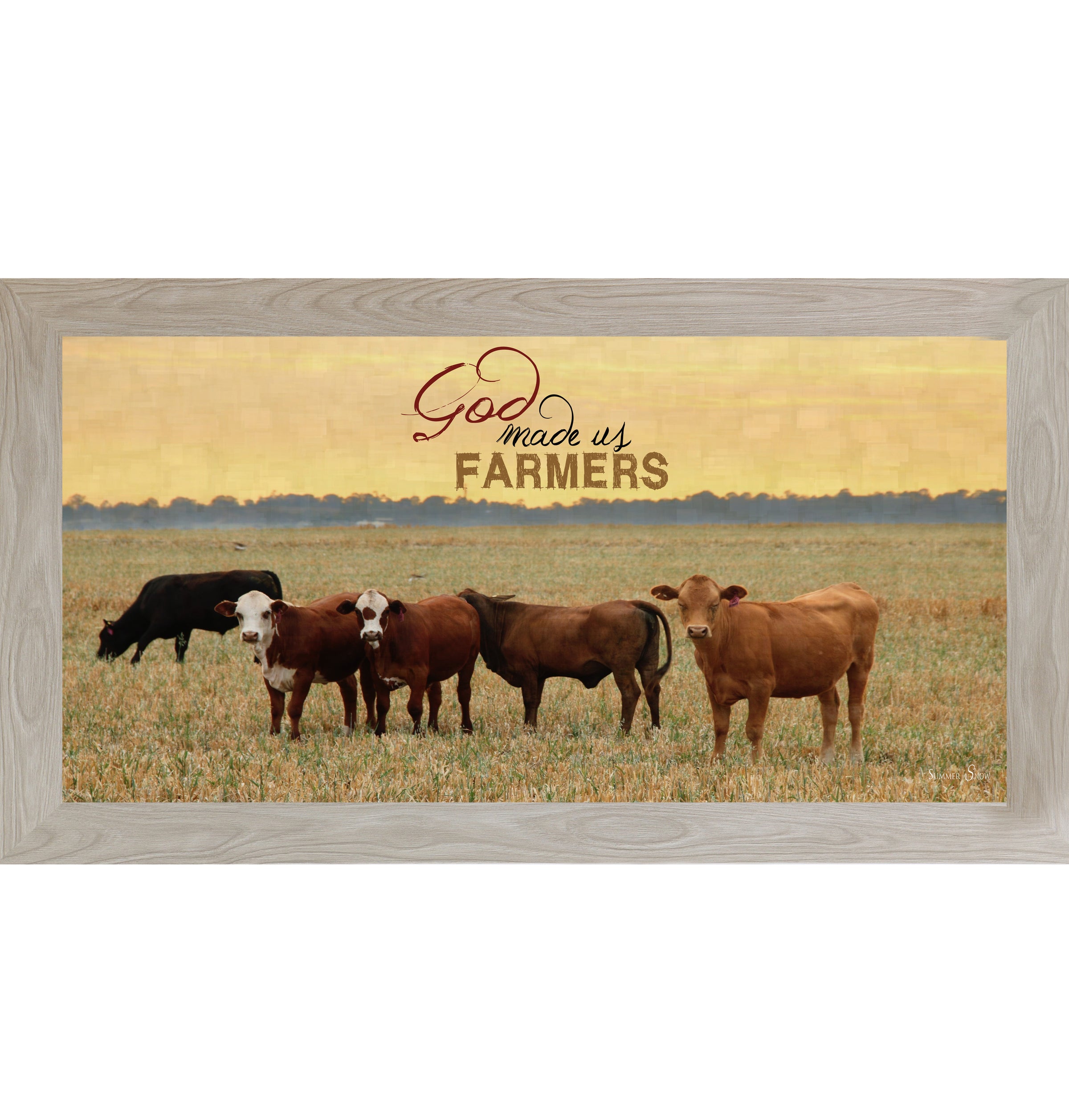 Monte Carlo framed wide panoramic farmhouse wall art featuring cattle grazing in a golden sunset field with pallet wood background and the words God Made Us Farmers