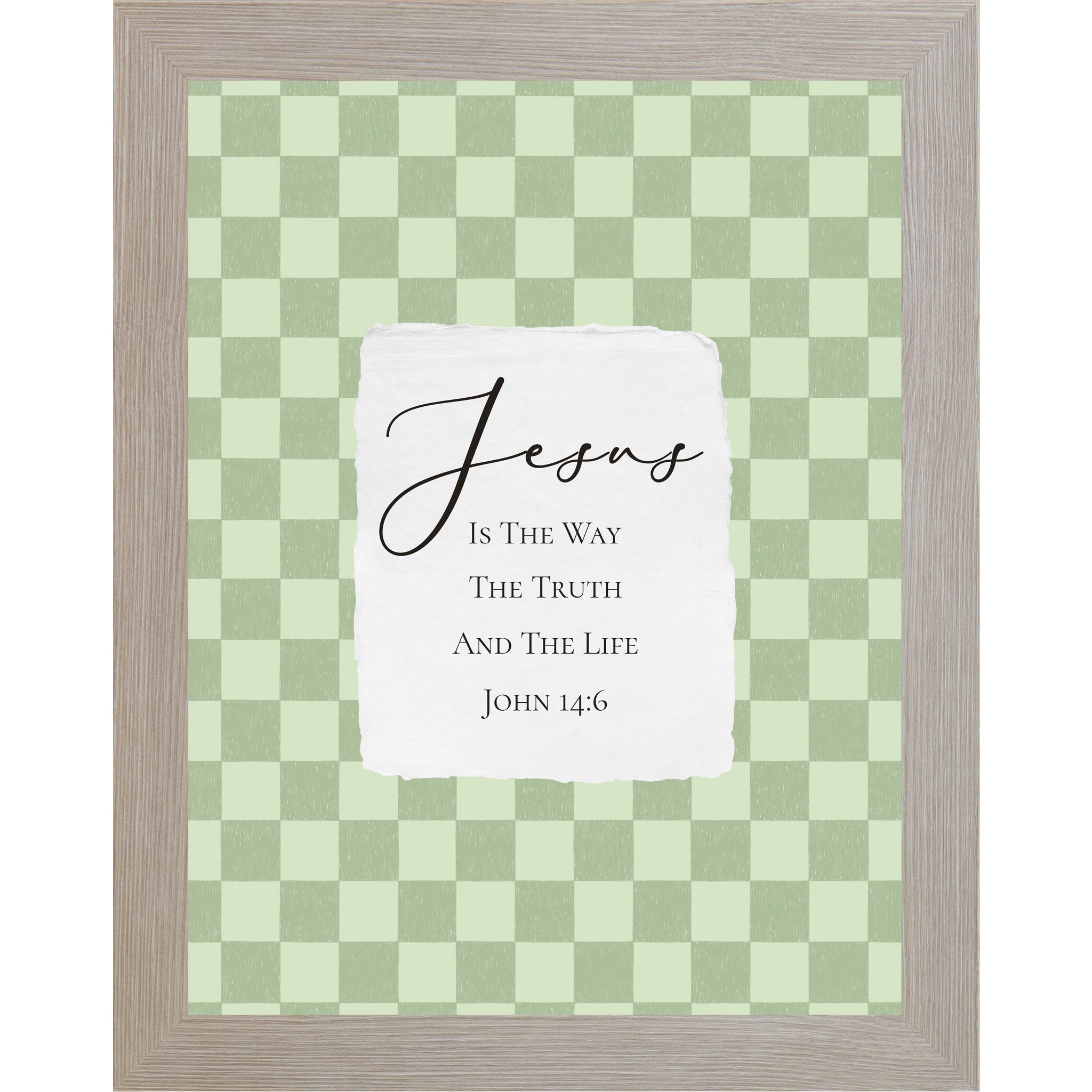 Monte Carlo framed portrait Christian wall art with sage green checkered background and torn-edge white center panel with Jesus Is The Way The Truth And The Life John 14:6 in elegant script