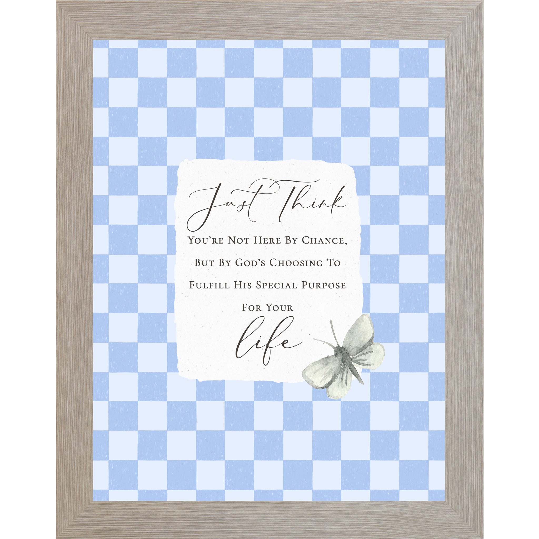 Monte Carlo framed portrait Christian inspirational wall art with periwinkle blue checkered background torn-edge white center panel butterfly accent and Just Think You're Not Here By Chance quote