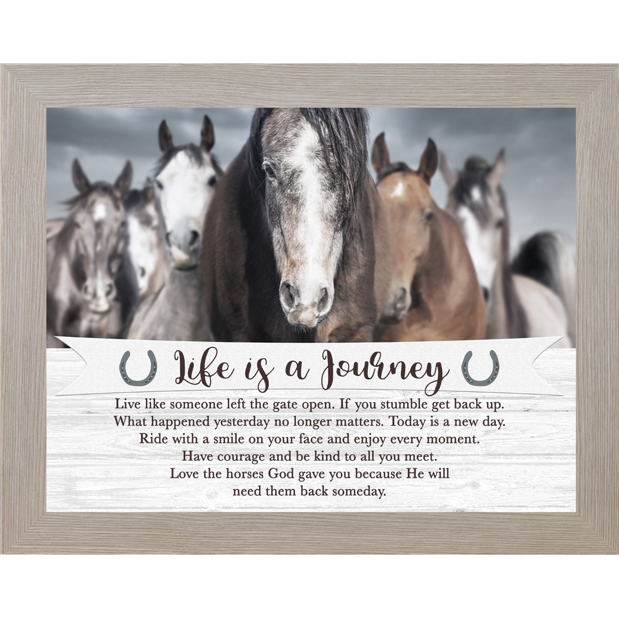 Monte Carlo framed horizontal equestrian wall art featuring a herd of horses under a dramatic stormy sky with a pallet wood banner reading Life is a Journey inspirational quote