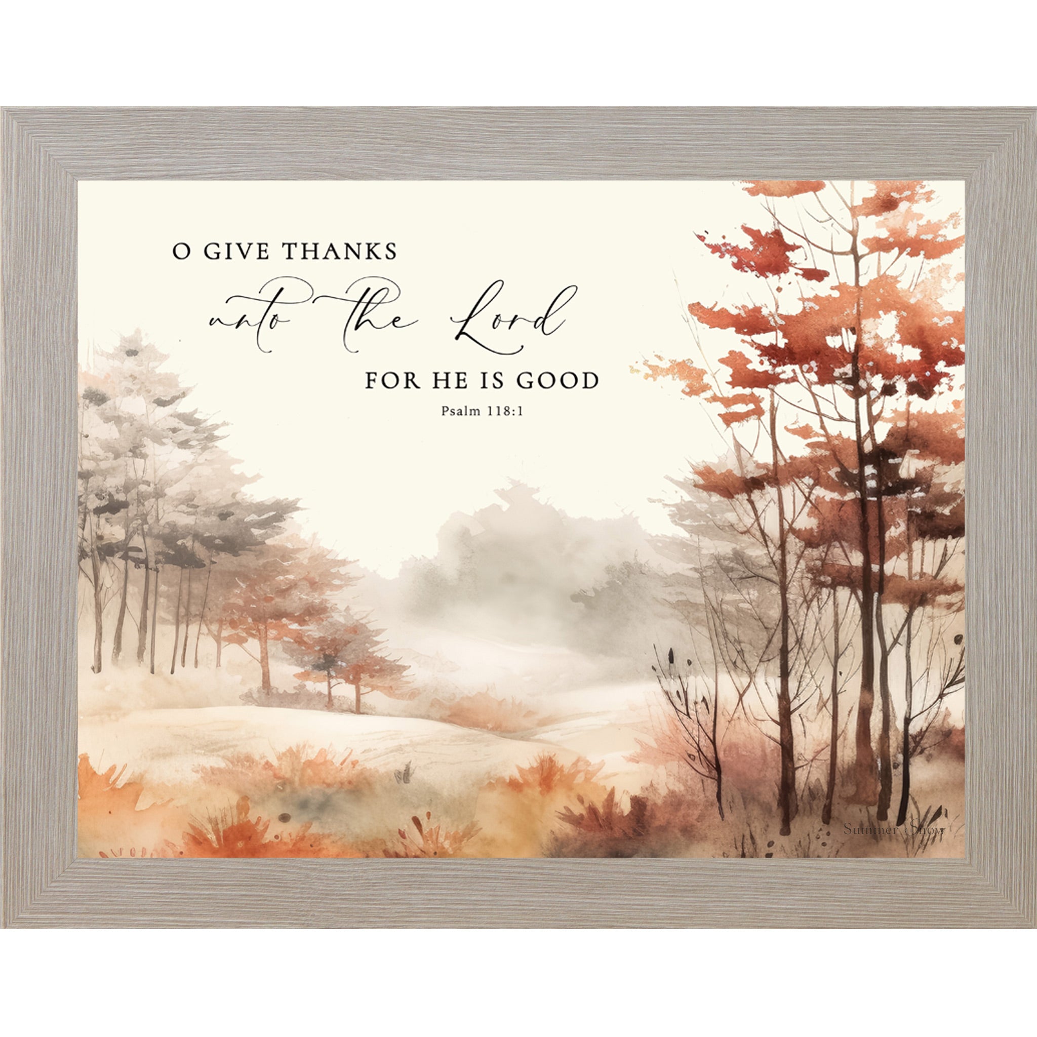Monte Carlo framed landscape fall scripture wall art featuring watercolor autumn forest and rolling fields with the words "O Give Thanks Unto the Lord For He Is Good Psalm 118:1" — SB250