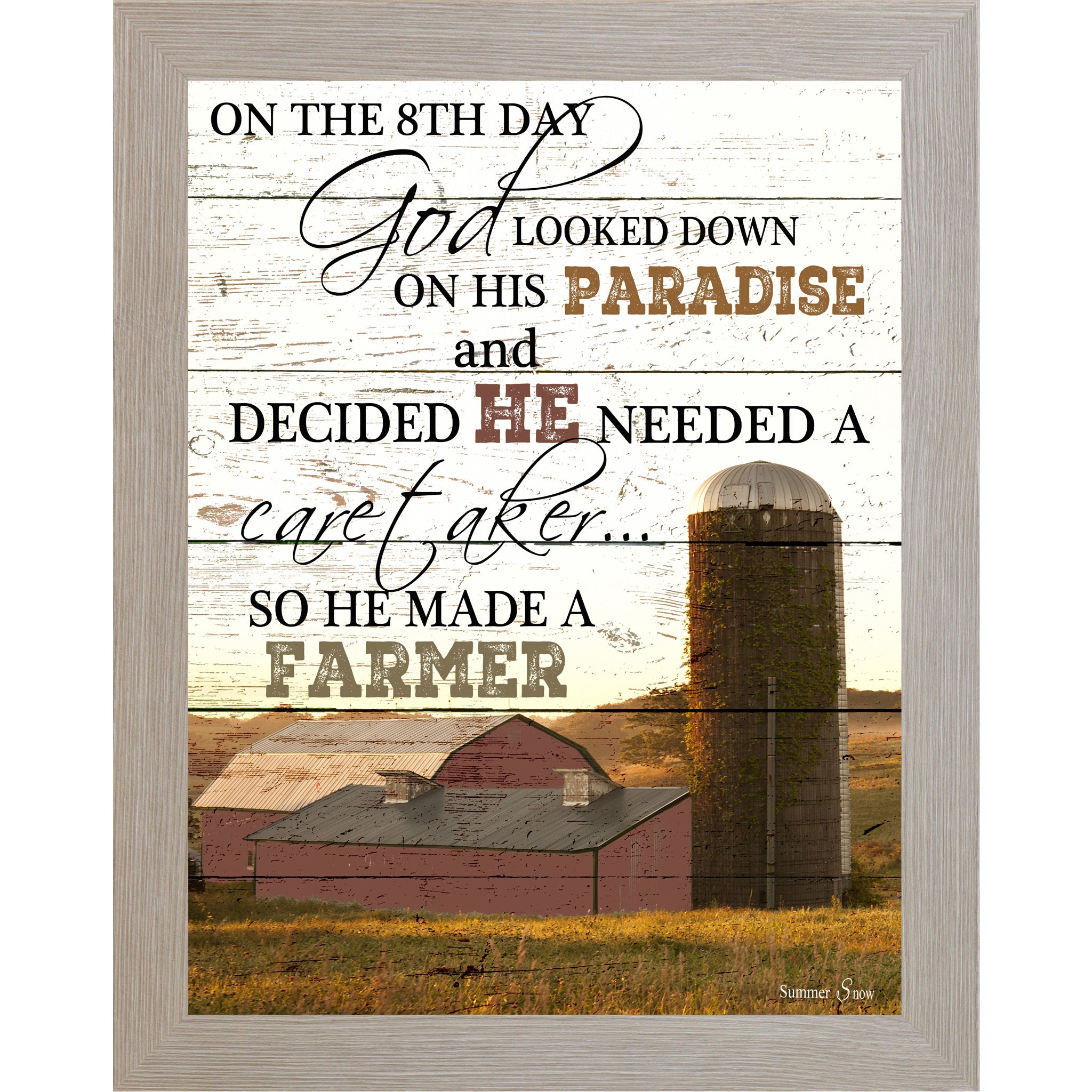 Monte Carlo framed portrait farmhouse wall art with full On The 8th Day God Made A Farmer quote in bold mixed typography over red barn and ivy silo photograph on rustic pallet wood background