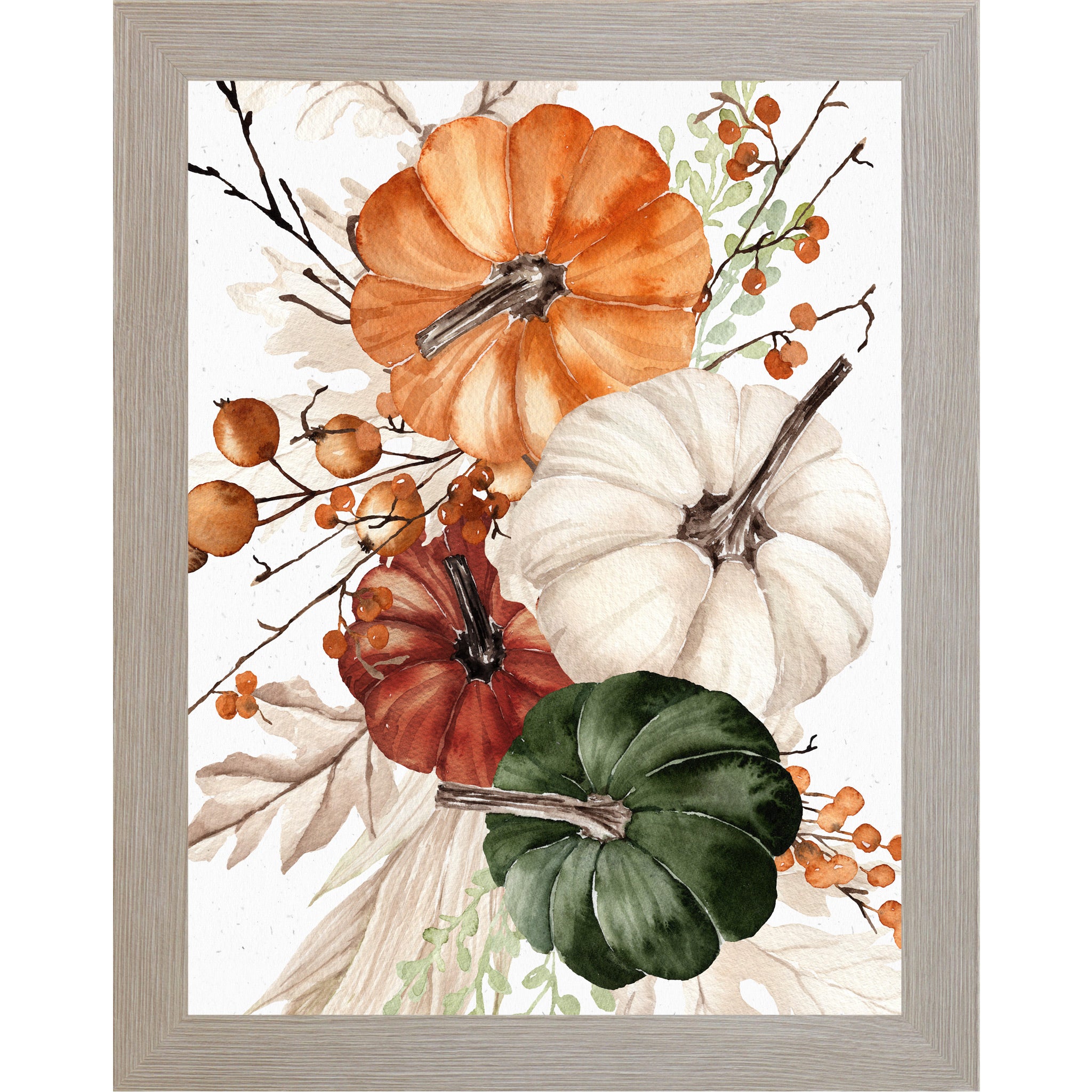 Monte Carlo framed portrait fall wall art featuring watercolor orange white burgundy and green pumpkins with dried berries and neutral foliage — Pumpkin Bouquet SB252 right panel