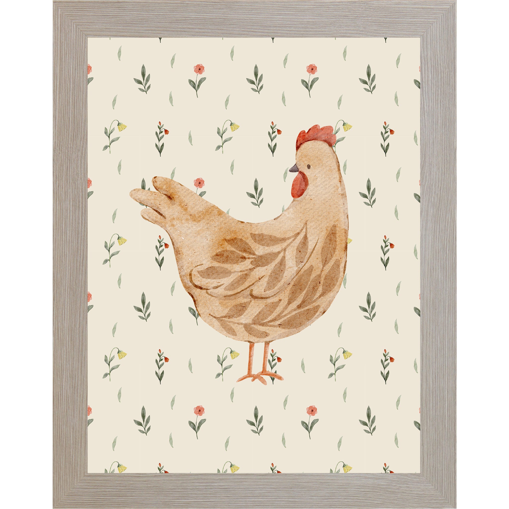 Monte Carlo framed vertical farmhouse wall art featuring a soft cream watercolor hen left-facing with botanical leaf body pattern on a cream background with tiny red wildflowers and green leaves