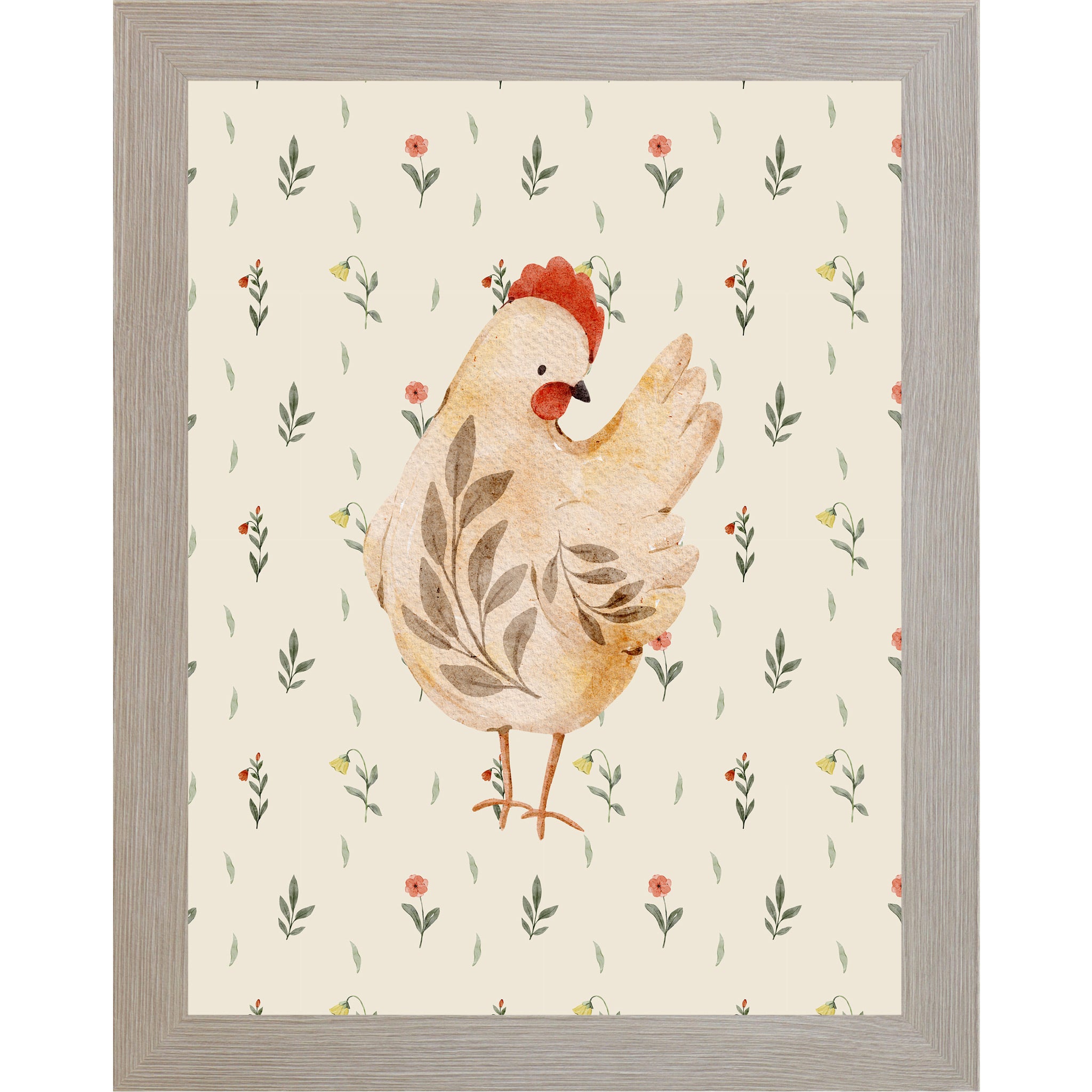 Monte Carlo framed vertical farmhouse wall art featuring a warm golden-brown watercolor hen right-facing on a cream background with tiny red wildflowers and green leaves