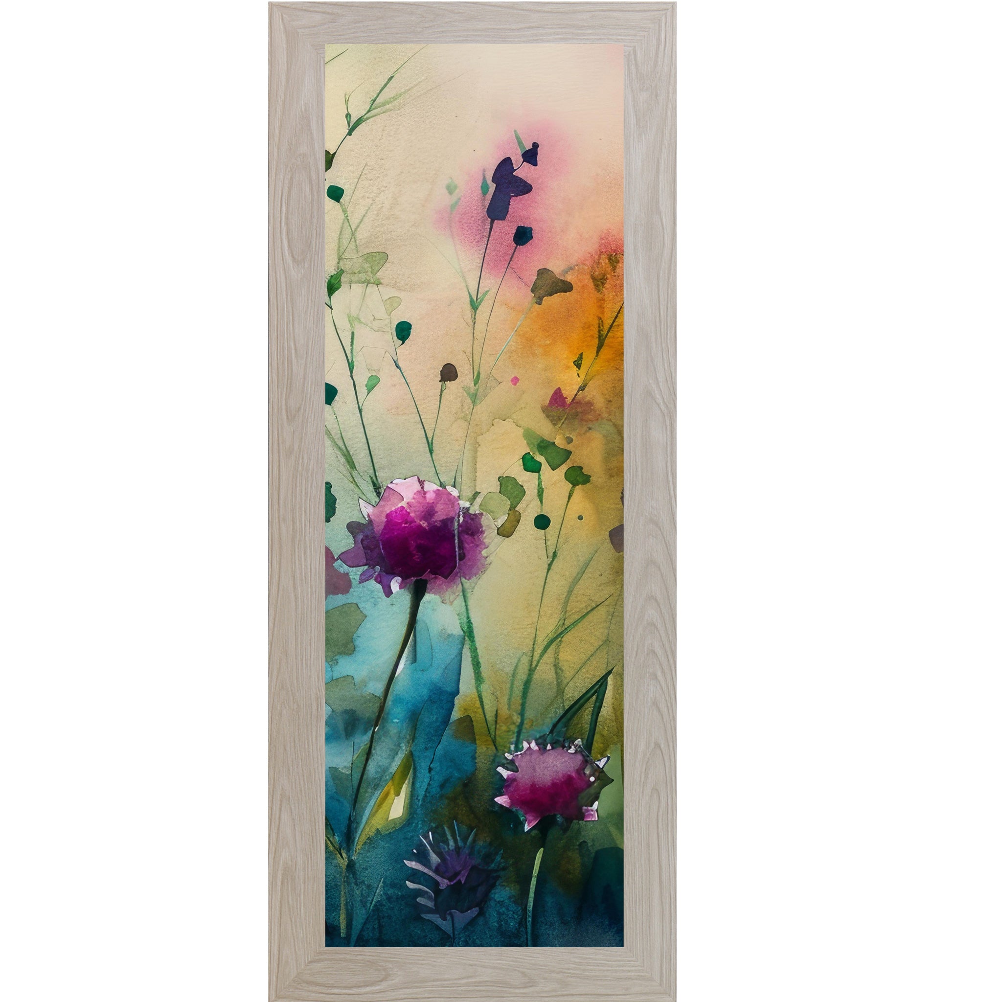 Monte Carlo framed narrow portrait watercolor wildflower wall art with magenta peonies rising from a teal garden base against a warm peach and pink background