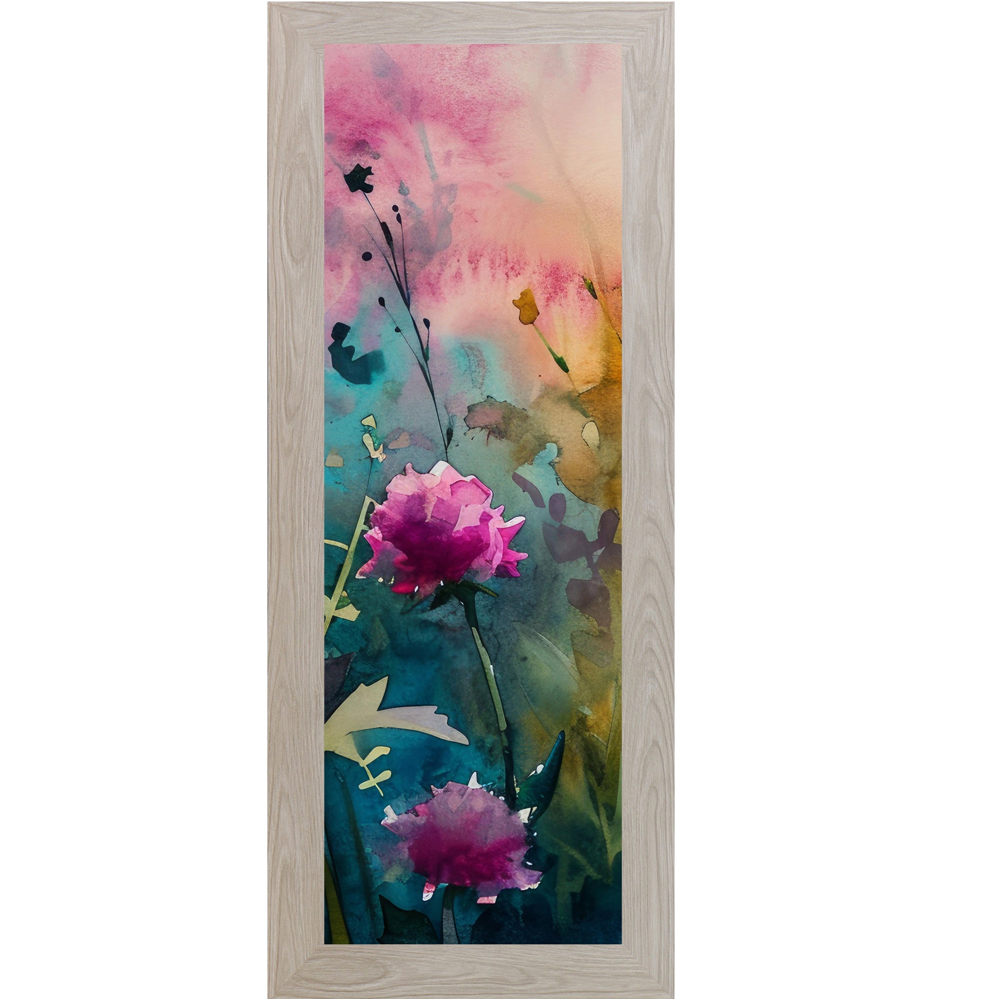 Monte Carlo framed narrow portrait watercolor wildflower wall art with a large open magenta peony against a hot pink teal and orange background with dramatic ink-style stems