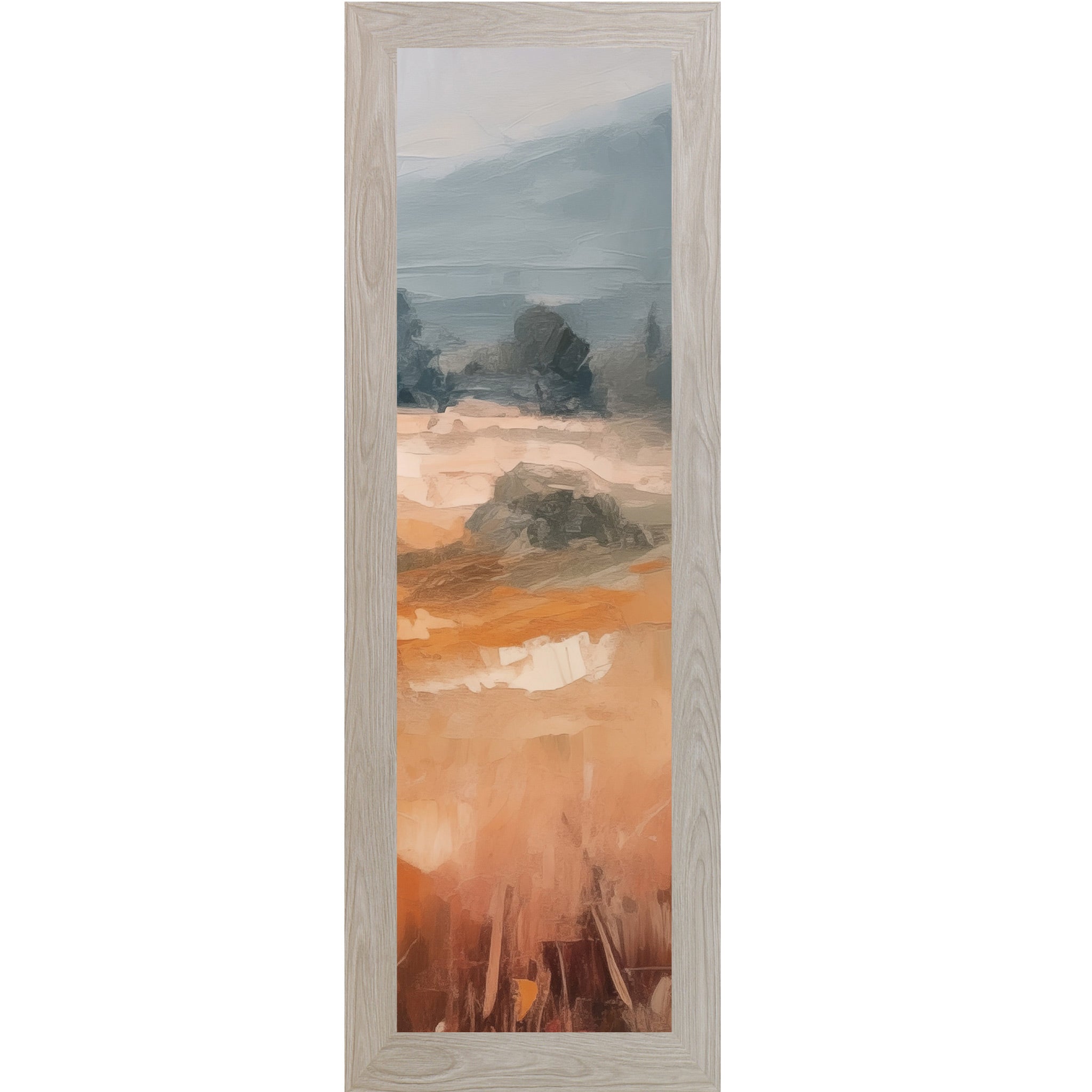 Monte Carlo framed narrow portrait abstract terracotta landscape wall art with rich amber and orange field dark trees in midground and dramatic blue-grey sky