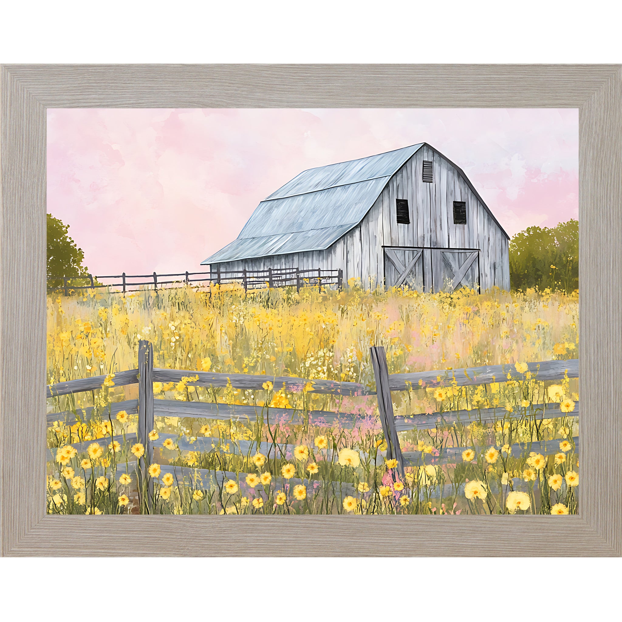 Monte Carlo framed landscape farmhouse wall art featuring a watercolor gray barn in a yellow wildflower meadow with split rail fence green trees and soft pink sky — Yellow Wildflower Barn SB253
