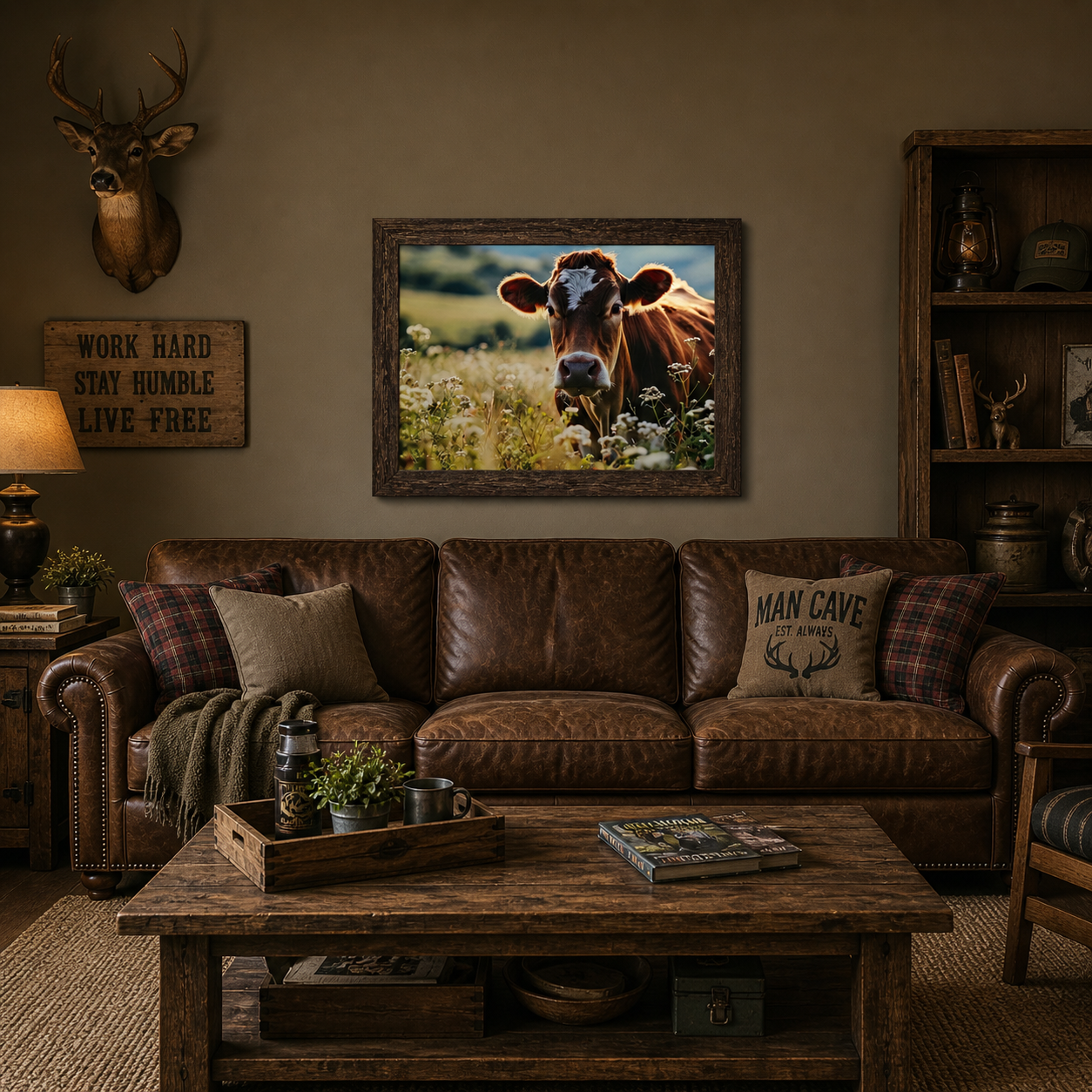 Natural Brown framed horizontal farmhouse wall art featuring a close-up Jersey cow in a wildflower meadow displayed above a leather sofa in a rustic man cave living room with deer mount and country decor