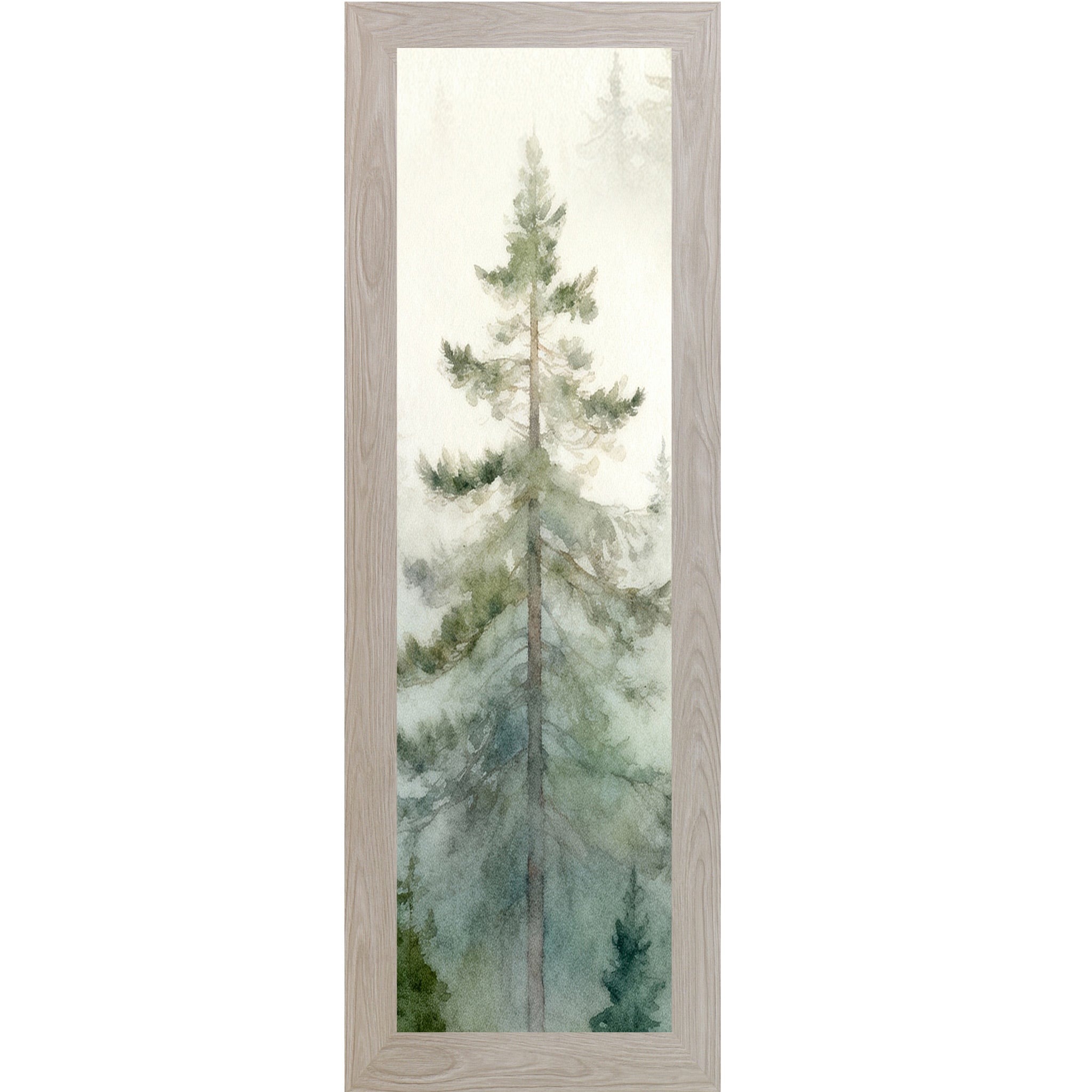 Monte Carlo framed narrow portrait watercolor pine forest wall art with single tall evergreen rising through soft morning mist against a sage green and cream misty forest background