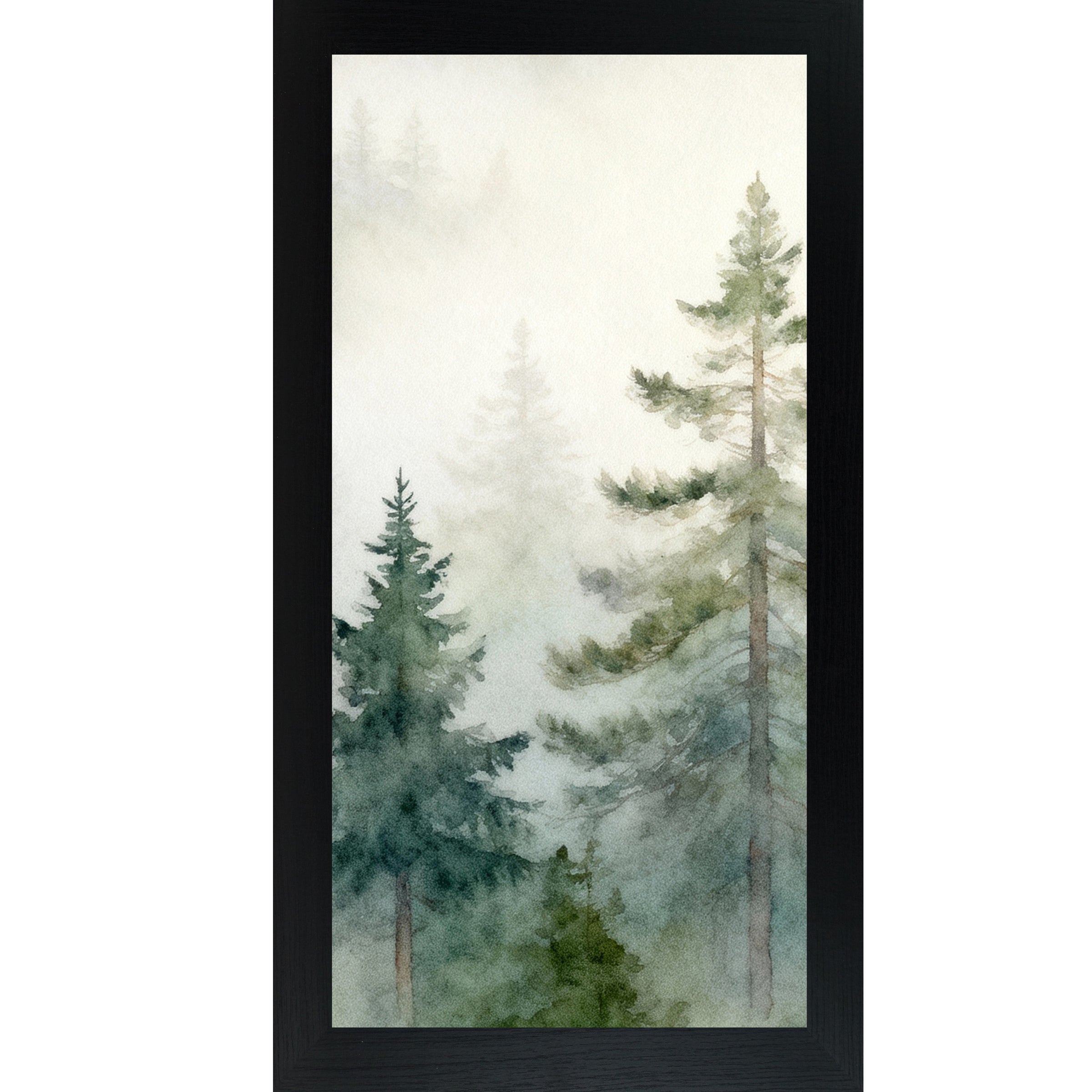 Vertical framed watercolor forest wall art showing misty evergreen trees fading into soft fog with layered green tones