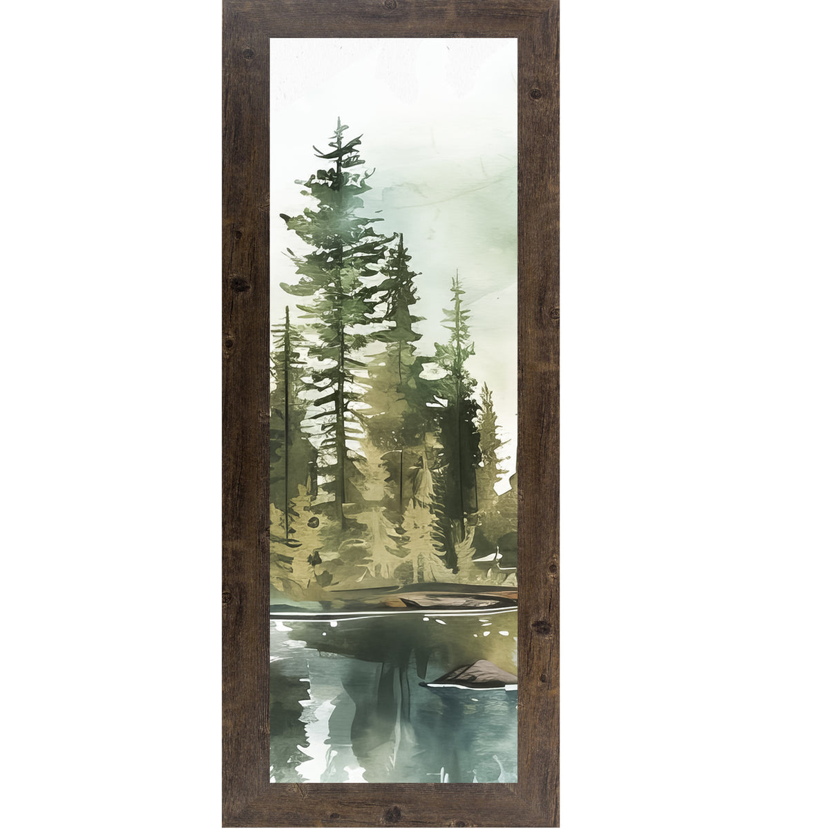 Vertical watercolor wall art featuring a calm lake reflection with misty pine trees and soft white sky in a peaceful forest landscape