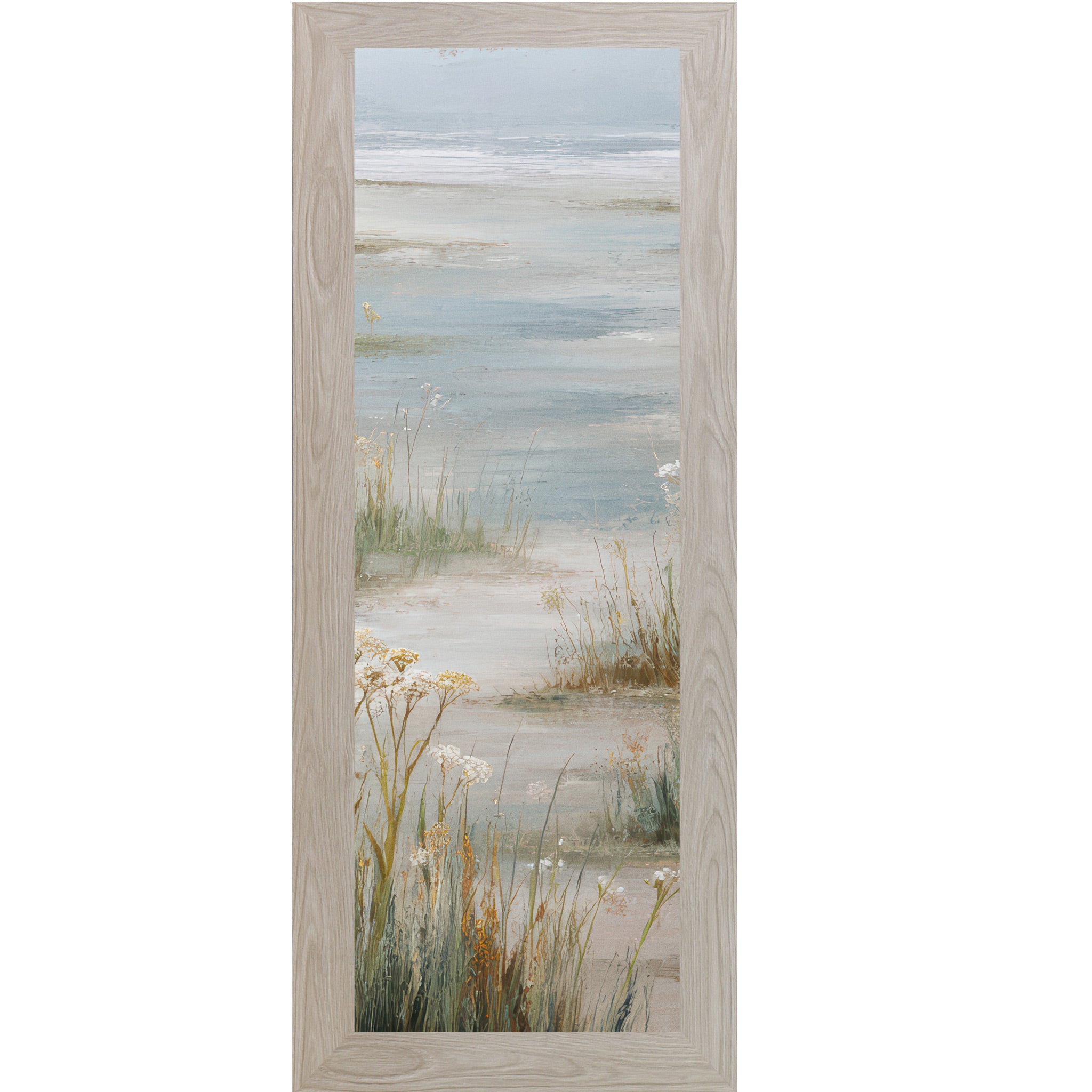 Monte Carlo framed narrow portrait coastal marsh wall art with golden amber marsh grasses white wildflowers and open tidal flat water reflection — center panel of coastal triptych