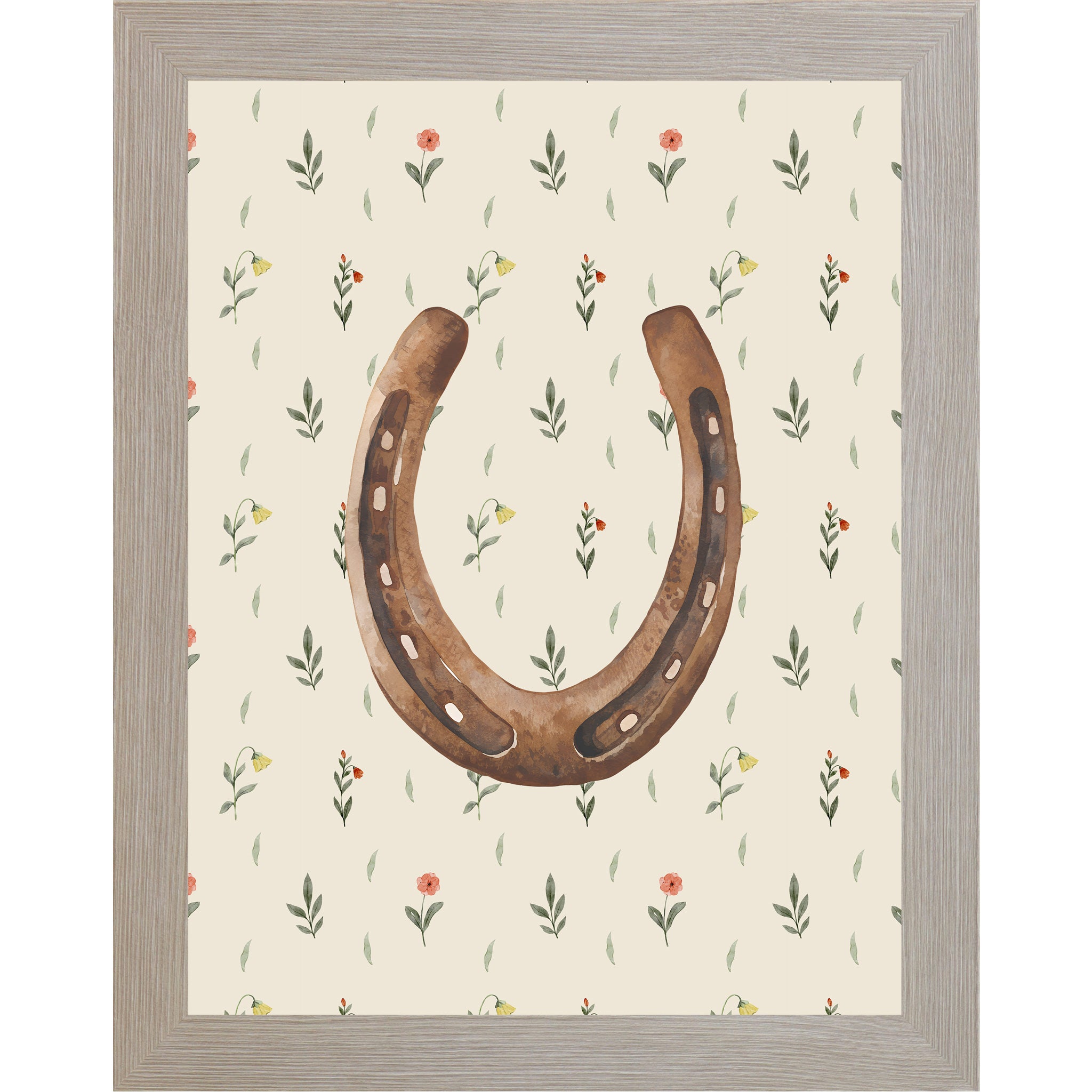 Monte Carlo framed portrait horseshoe wall art with warm brown watercolor horseshoe open end up on soft cream scattered wildflower floral background — western cowgirl good luck decor