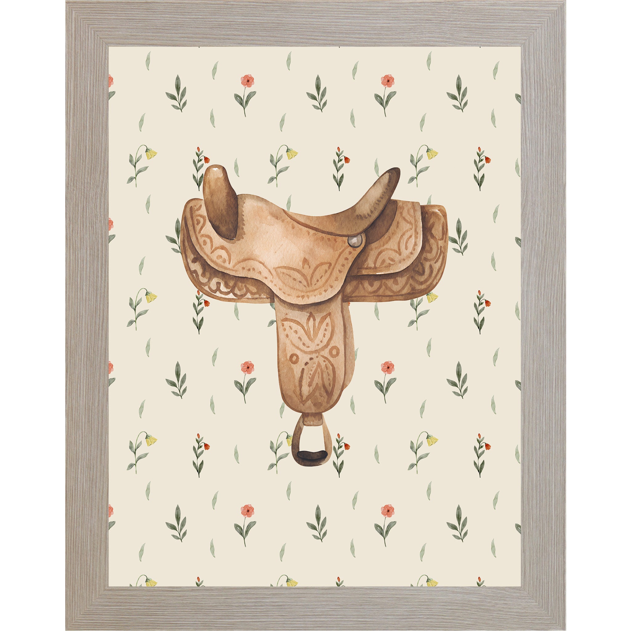 Monte Carlo framed portrait western saddle wall art with detailed watercolor tooled leather saddle centered on soft cream scattered wildflower floral background — equestrian cowgirl decor