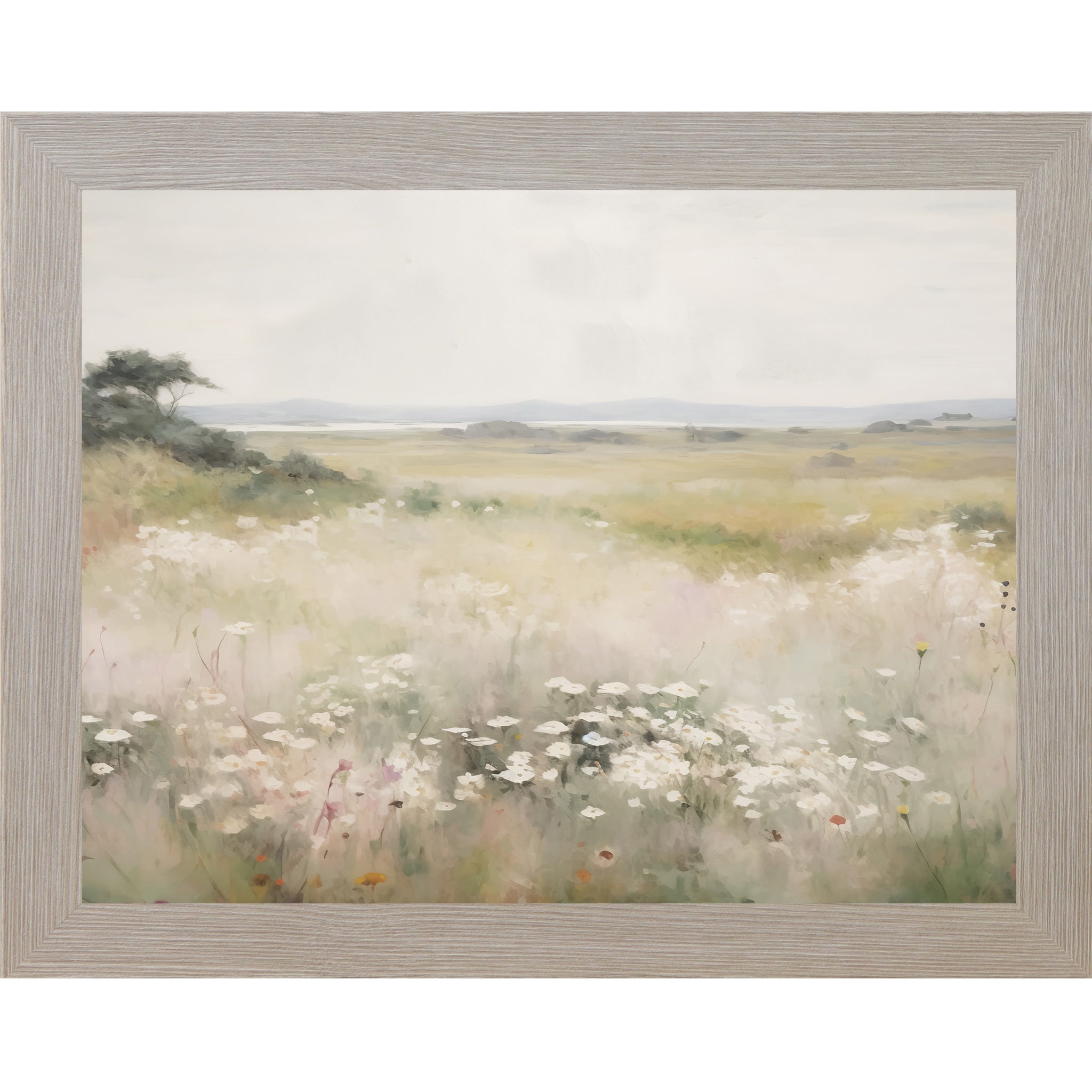 Monte Carlo framed landscape watercolor wildflower meadow wall art with white blooms soft grasses golden fields and distant coastal bay under pearl grey sky — neutral floral scenic decor